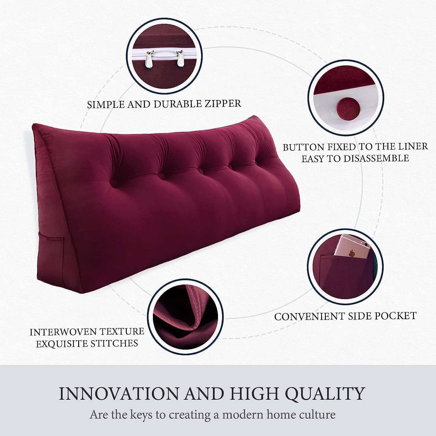 Triangle Headboard Pillow - 3 in 1 Velvet Wine Red Bed Pillow