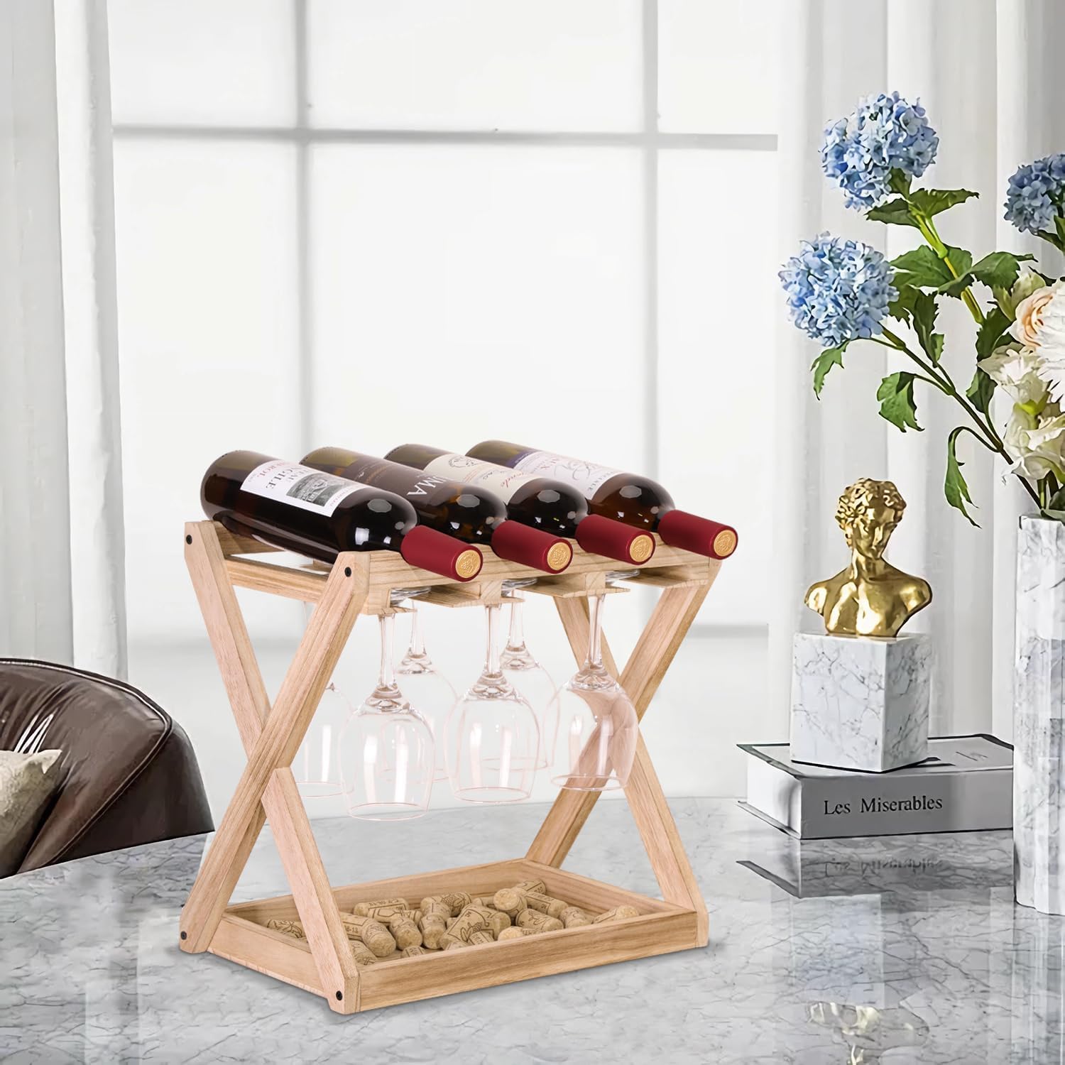 WDSHIYI Wine Rack 4 Bottles 6 Stemware Holder