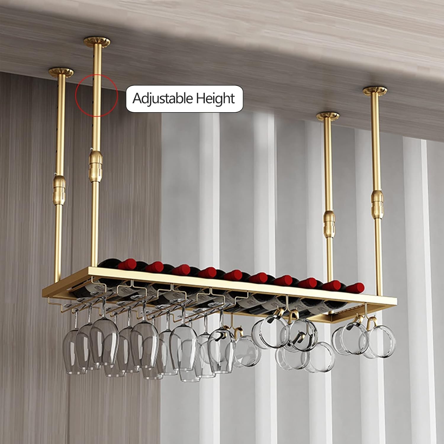Adjustable Metal Wine Glass Holder with Bottle Rack