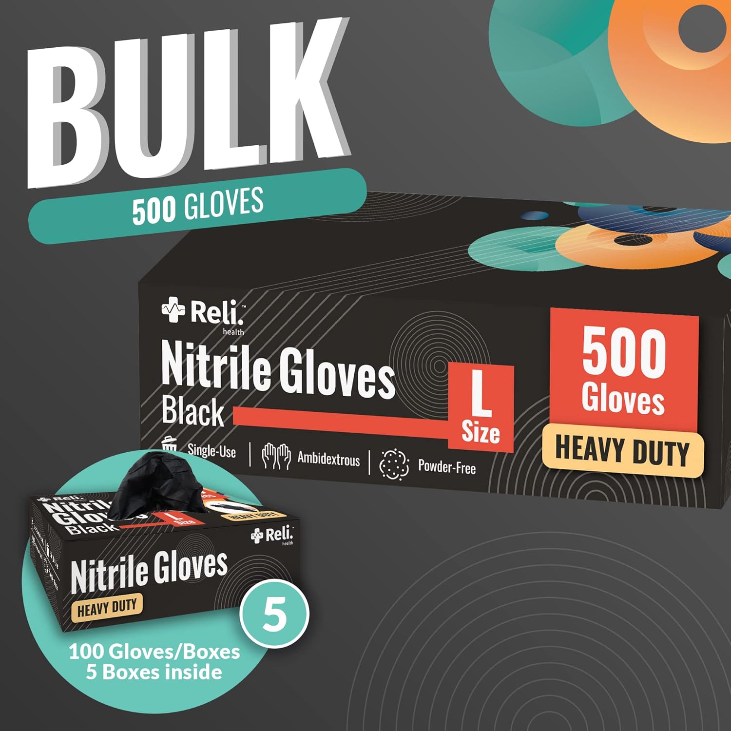 Reli Black Nitrile Gloves Large 500 Pack