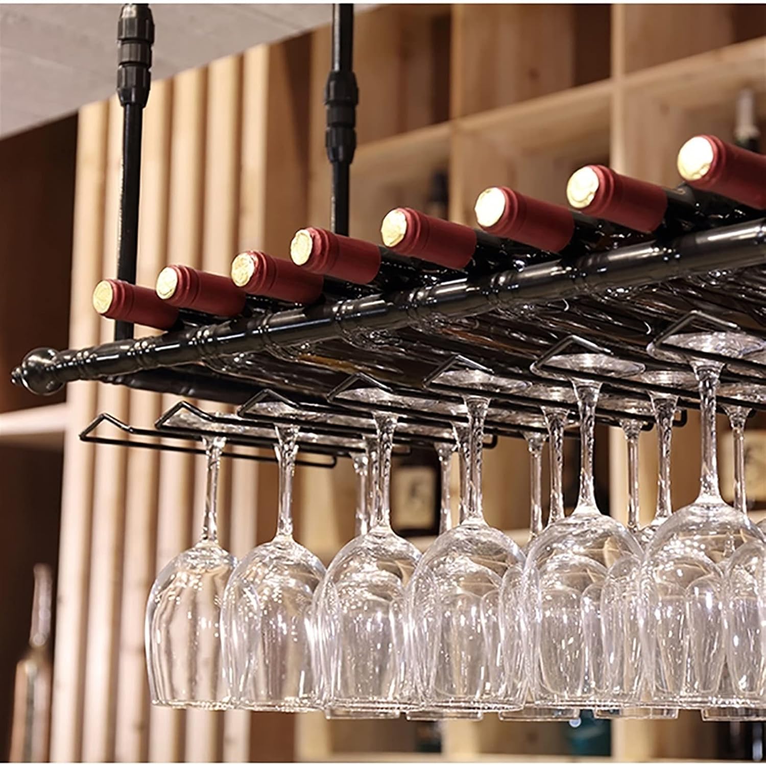 FKRACK Hanging Wine Glass Holder for Ceiling Black