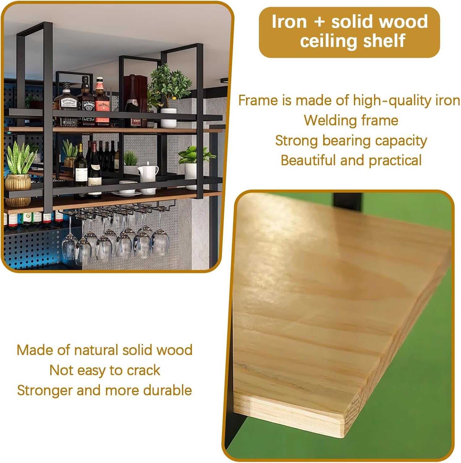 Hanging Wine Rack 2 Layer Metal Ceiling Glass Holder with Shelf and Display
