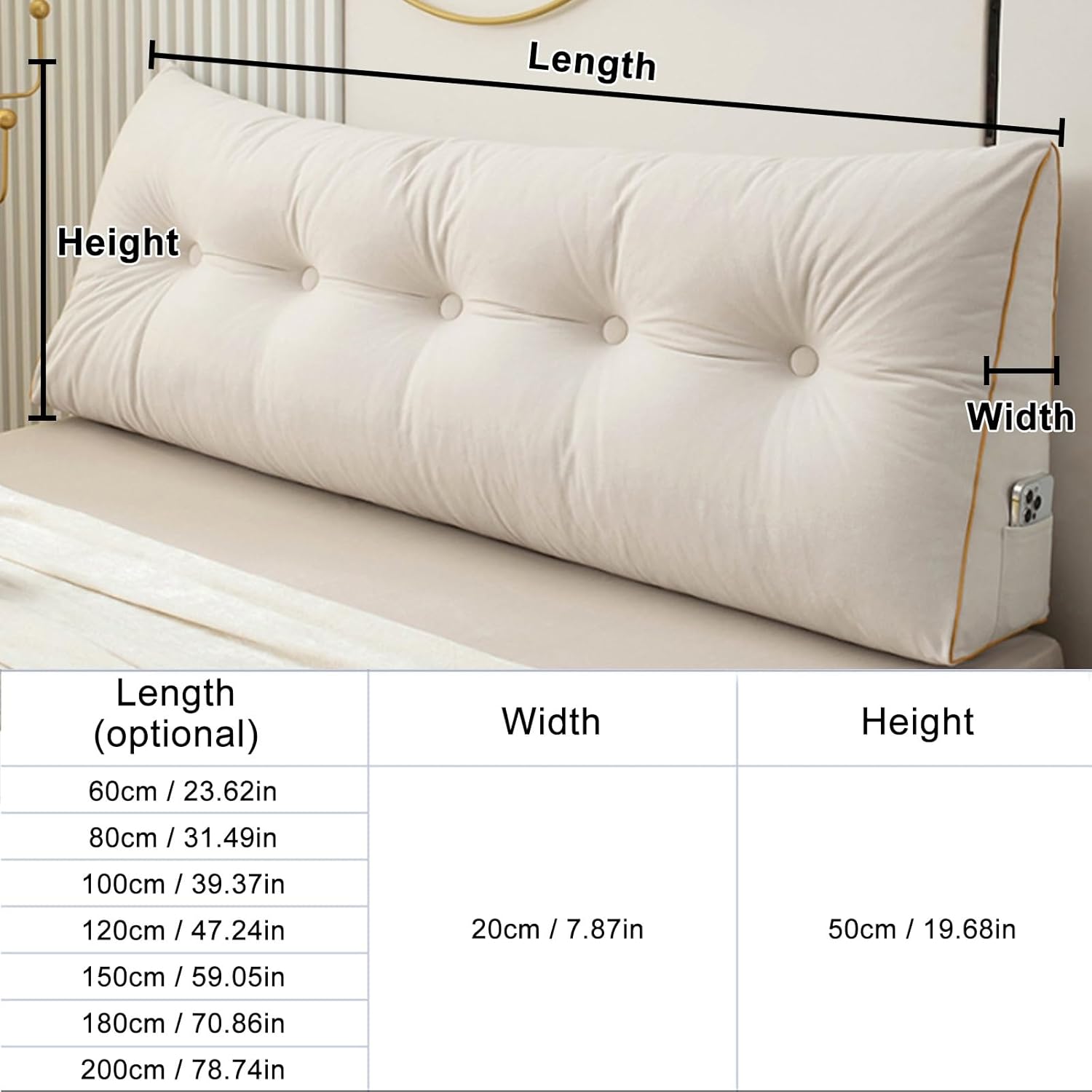 Soft Triangular Headboard Pillow with Side Pockets and Removable Cover