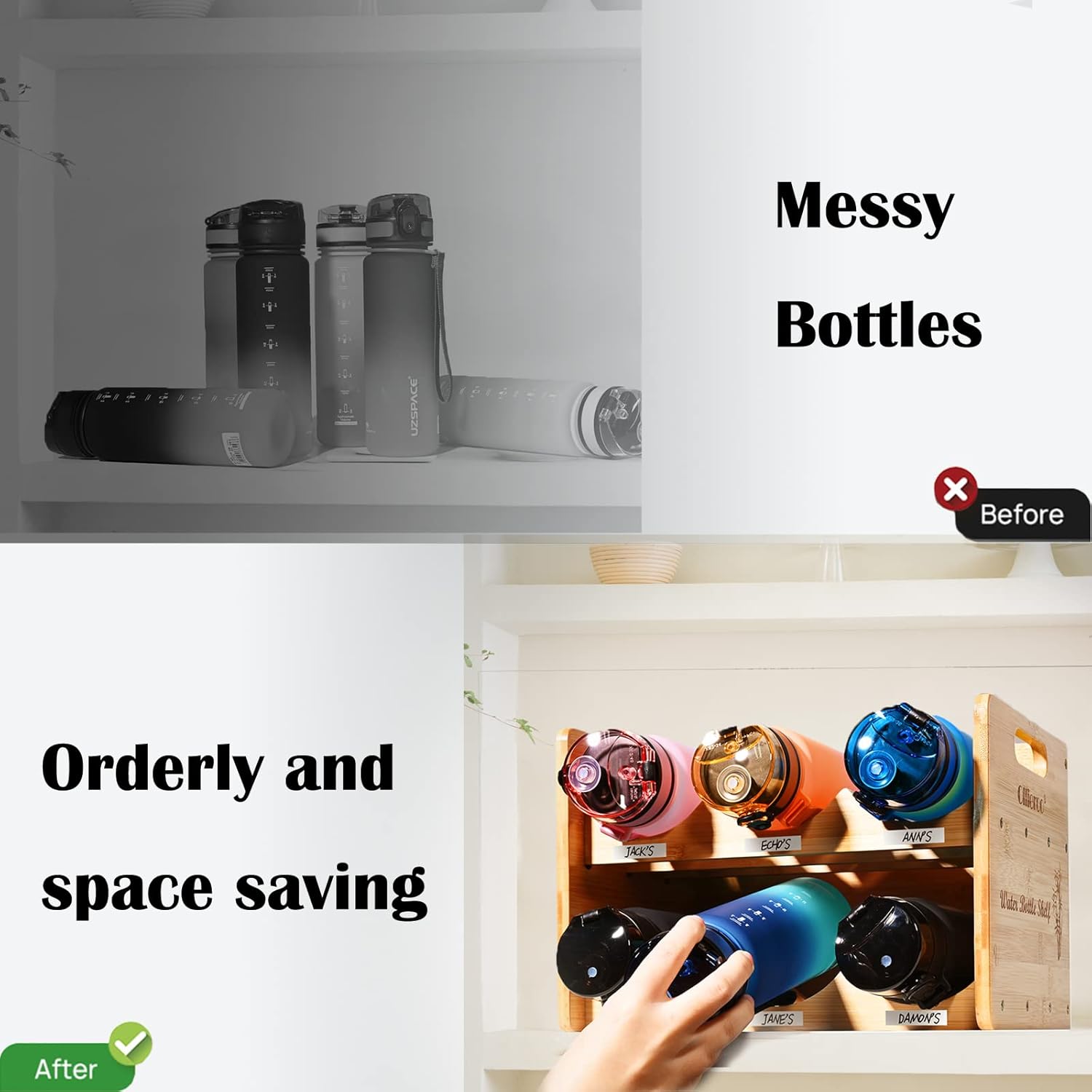 Ollieroo Bamboo Water Bottle Organizer Shelf with 2 Tiers Holds 6 Bottles Natural