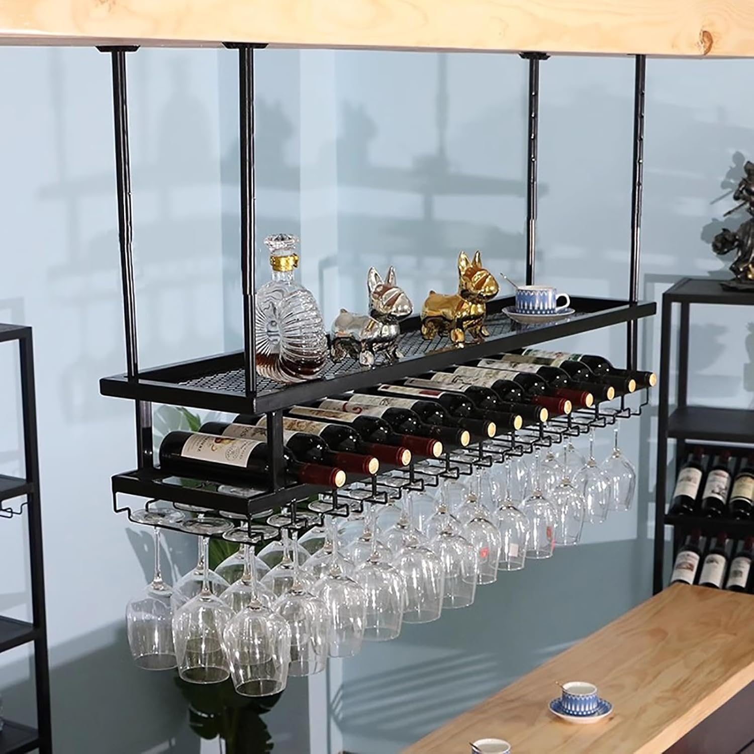 Adjustable Ceiling Wine Glass Rack for Kitchen and Bar Use