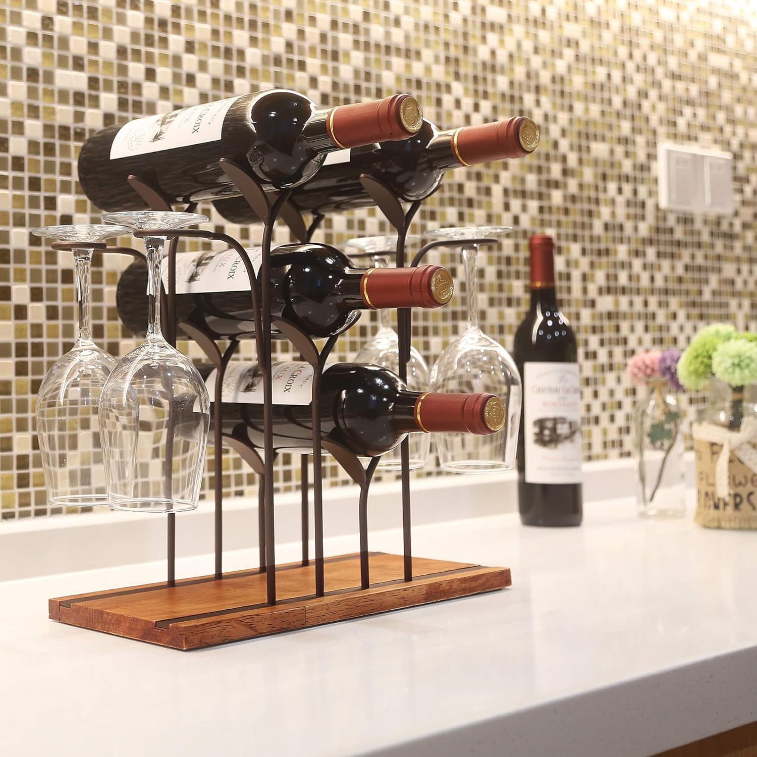 Stylish Bronze Wine Rack with 4 Bottles and 4 Glasses