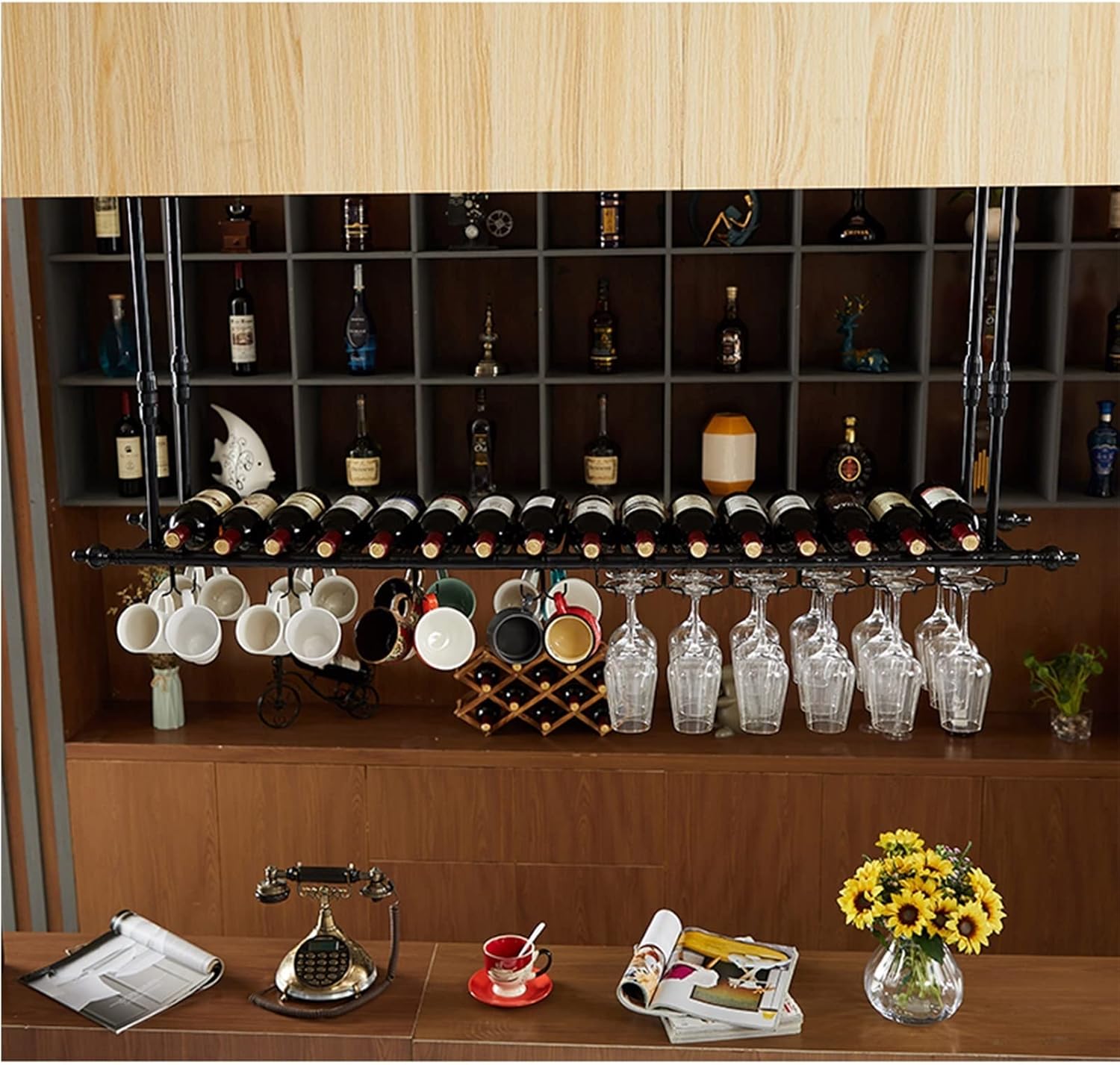 ZJDYDY Hanging Wine Rack - Adjustable Ceiling Iron Wall-Mounted Glass Holder