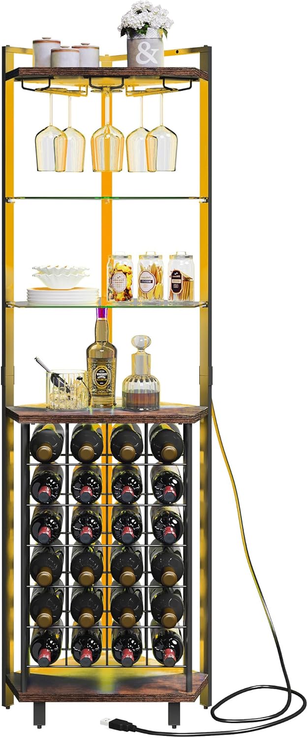 DWVO Corner Wine Rack with LED Light and Outlet