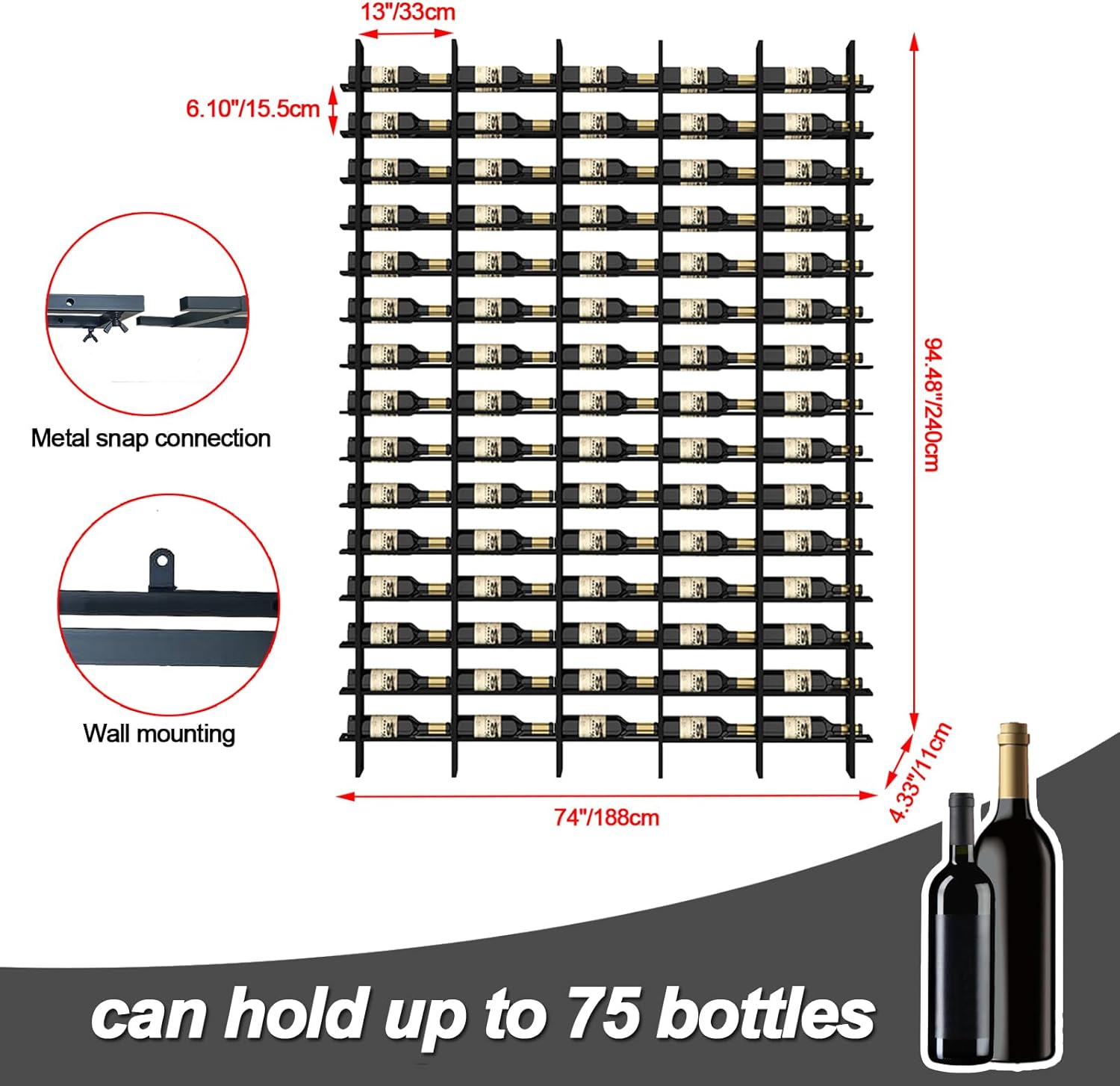 80 Bottle Wall Mounted Wine Rack - Industrial Style Black