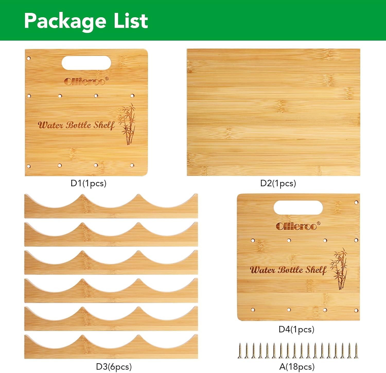 Ollieroo Bamboo Water Bottle Organizer Shelf with 2 Tiers Holds 6 Bottles Natural