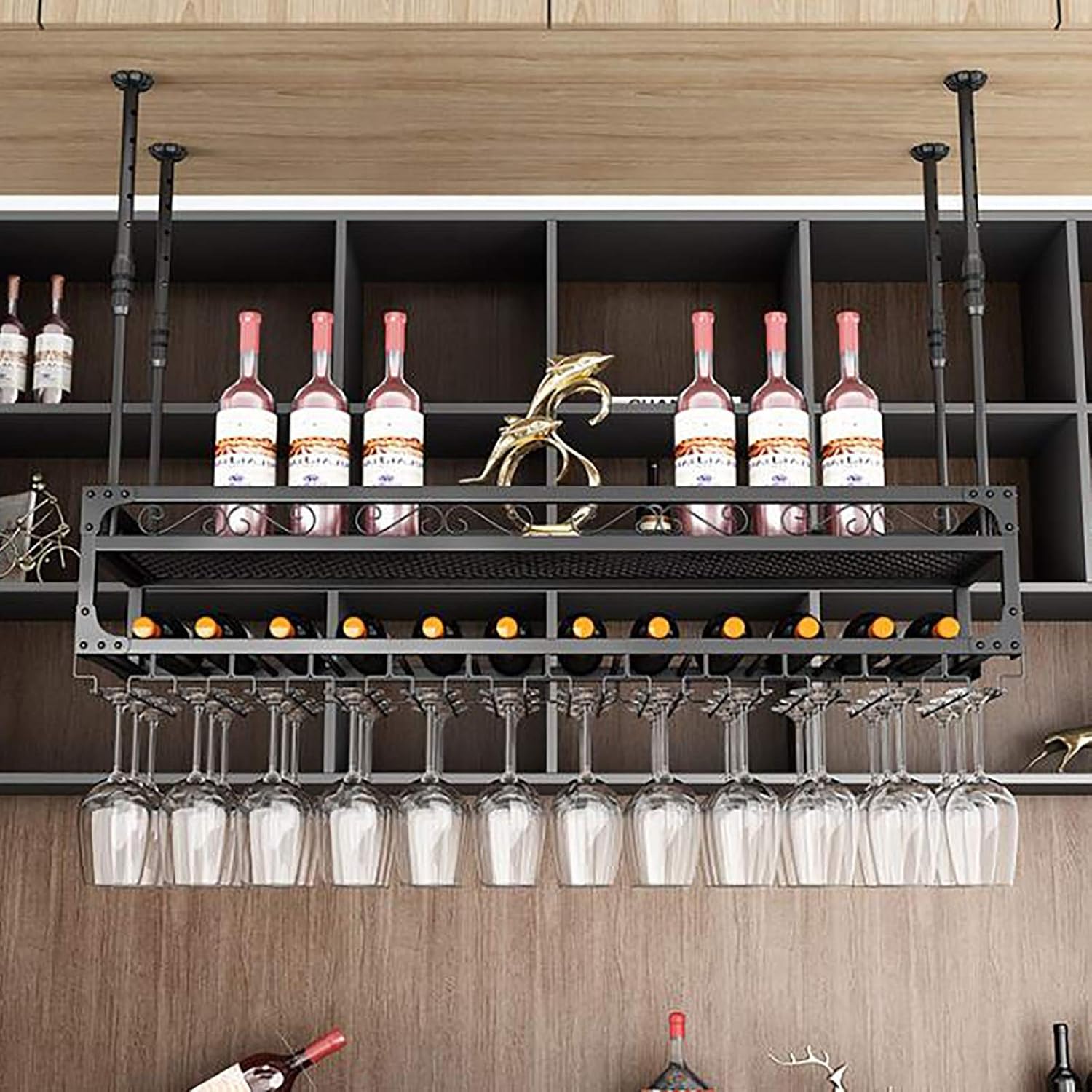 Adjustable Iron Wall-Mounted Wine Rack with Glass Holder