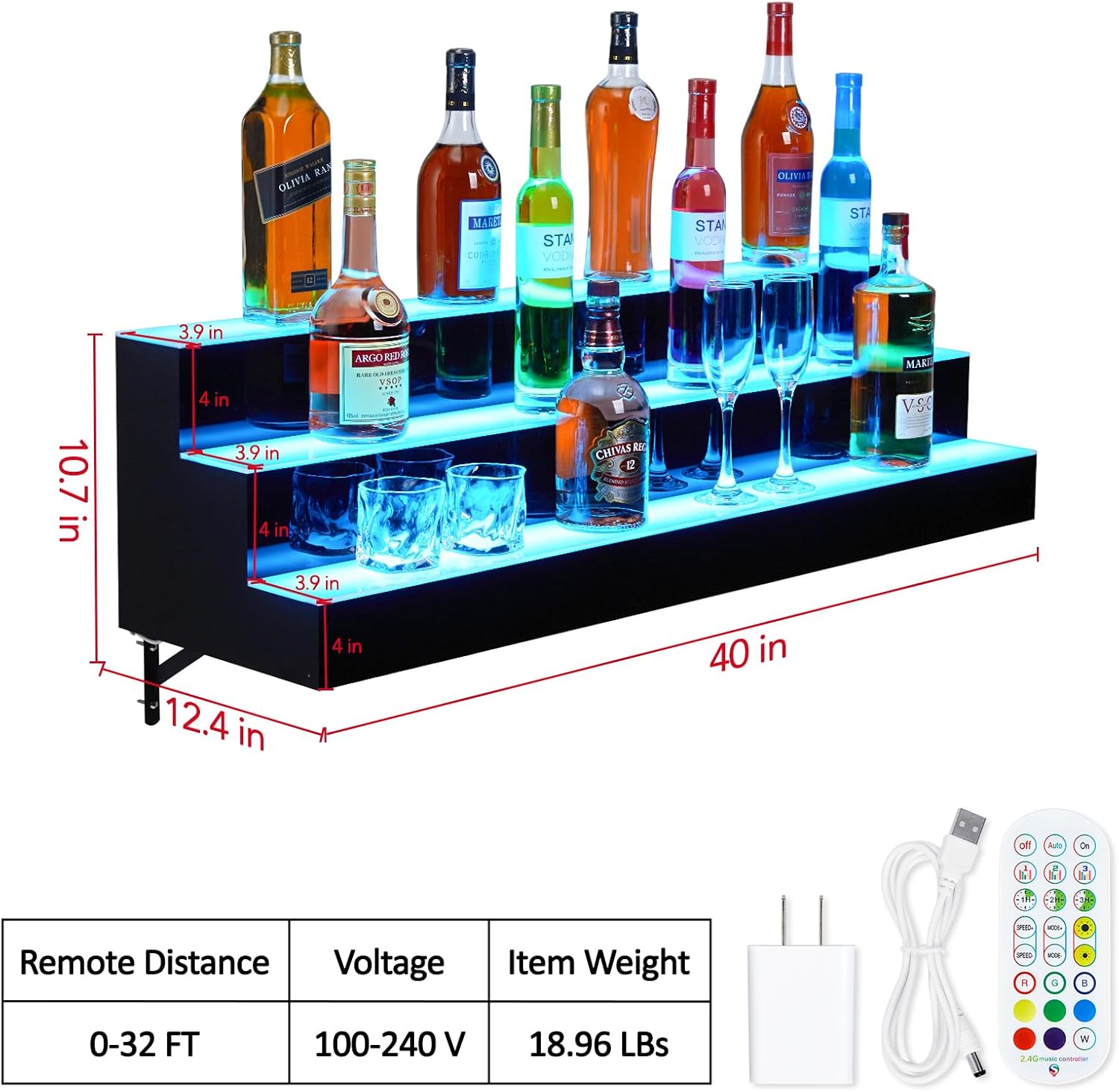 GarveeTech LED Lighted Liquor Display Shelf 3 Tier 40 Inch