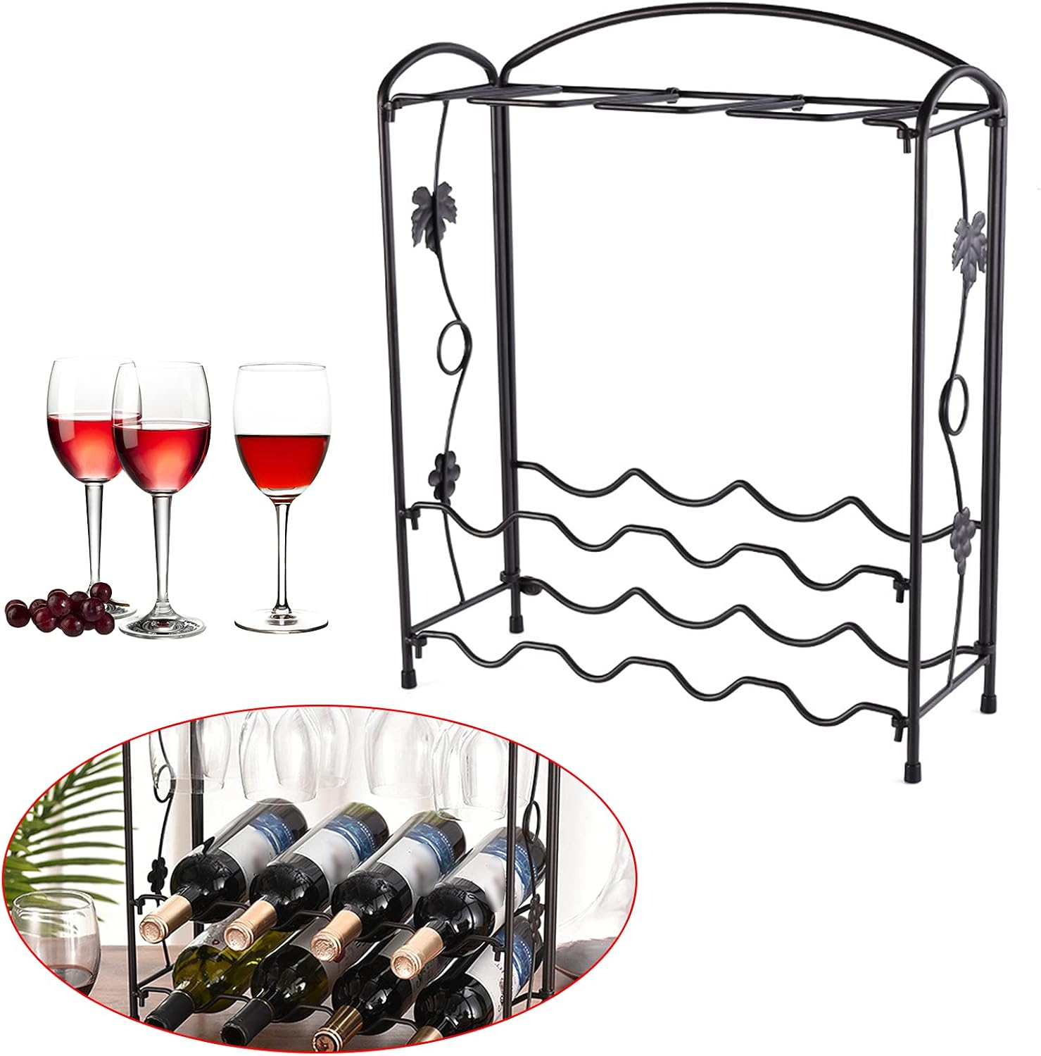 PAREKS Wine Rack with 8 Glass Holder Iron European Style