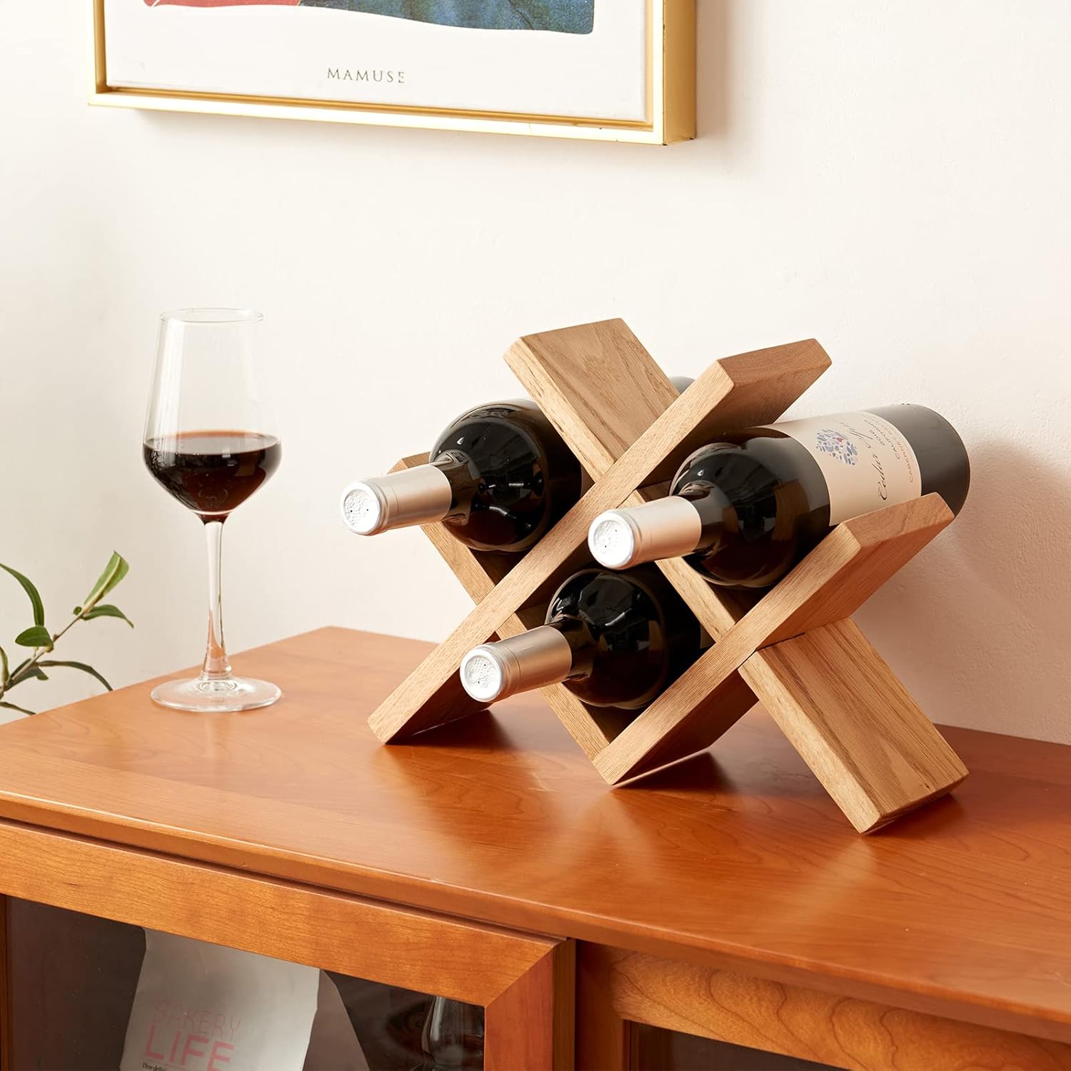 TREOAKWIS Solid Oak Wine Rack 4-Bottle Holder