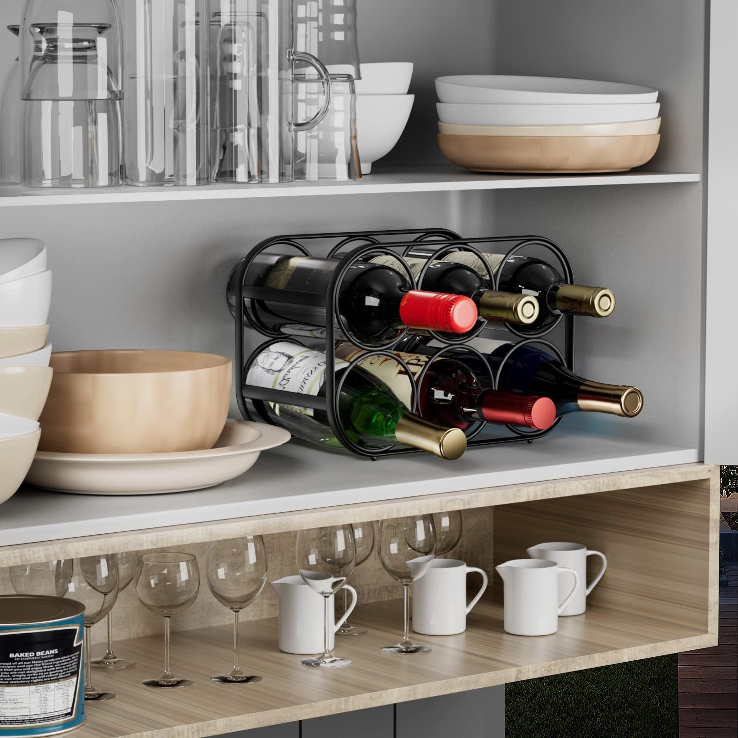 Buruis 6-Bottle Wine Rack Black 14-Bottle Wooden Base Black