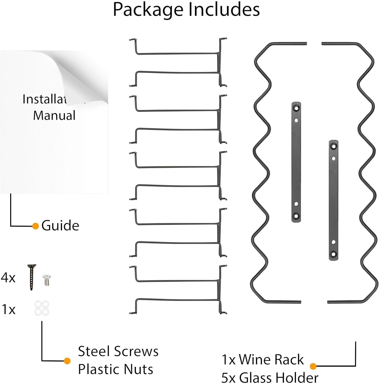 Black Steel Wine Rack and Glasses Holder for Kitchen