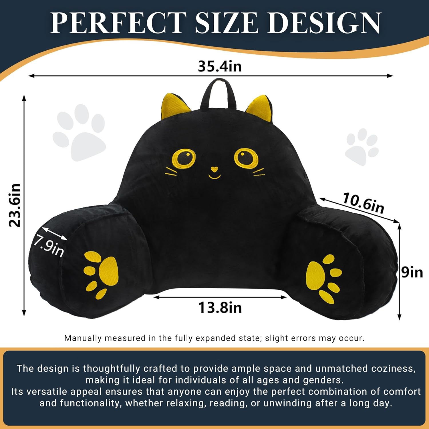 QCats Black Cat Reading Pillow with Armrests and Washable Cover