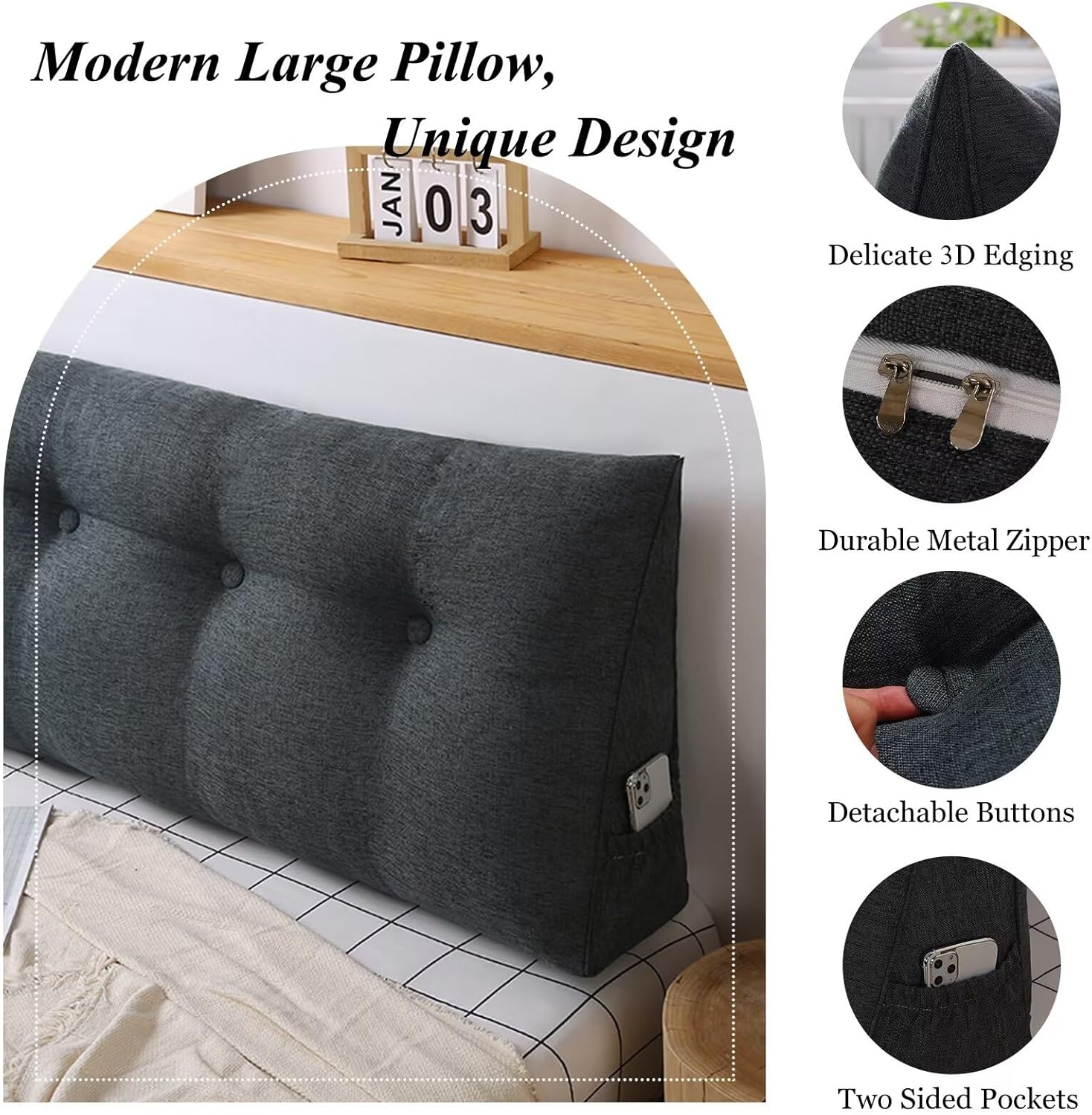 VClife Wedge Headboard Pillow Dark Grey