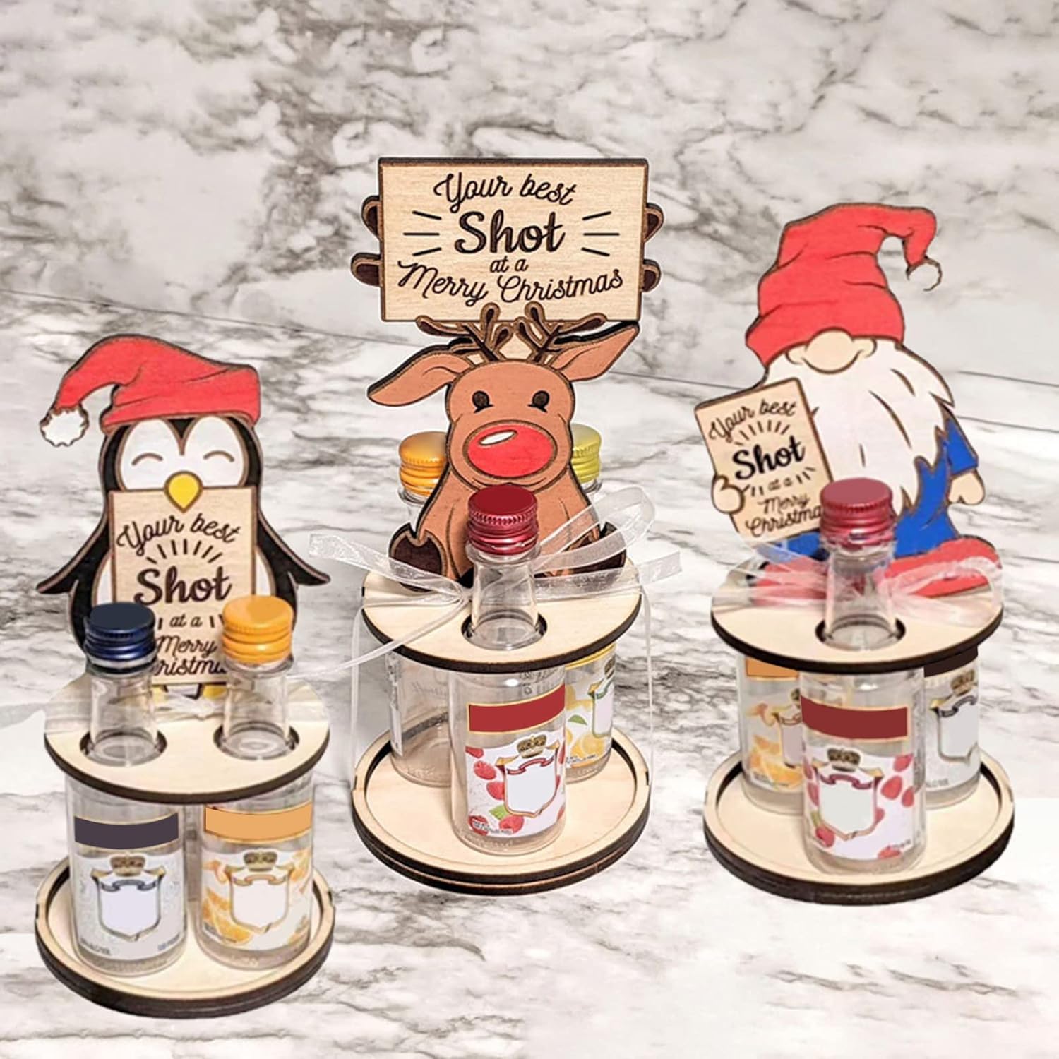 Christmas Mini Wooden Wine Rack with Penguins and Elks