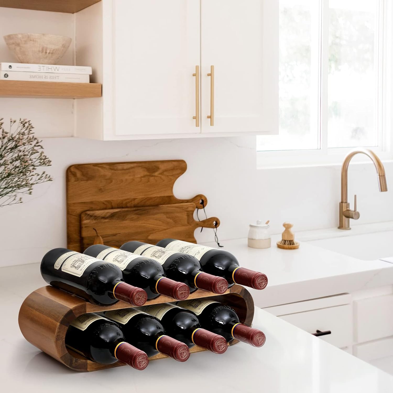 FekCits 8-Bottle Acacia Wood Wine Rack Freestanding No Assembly Needed