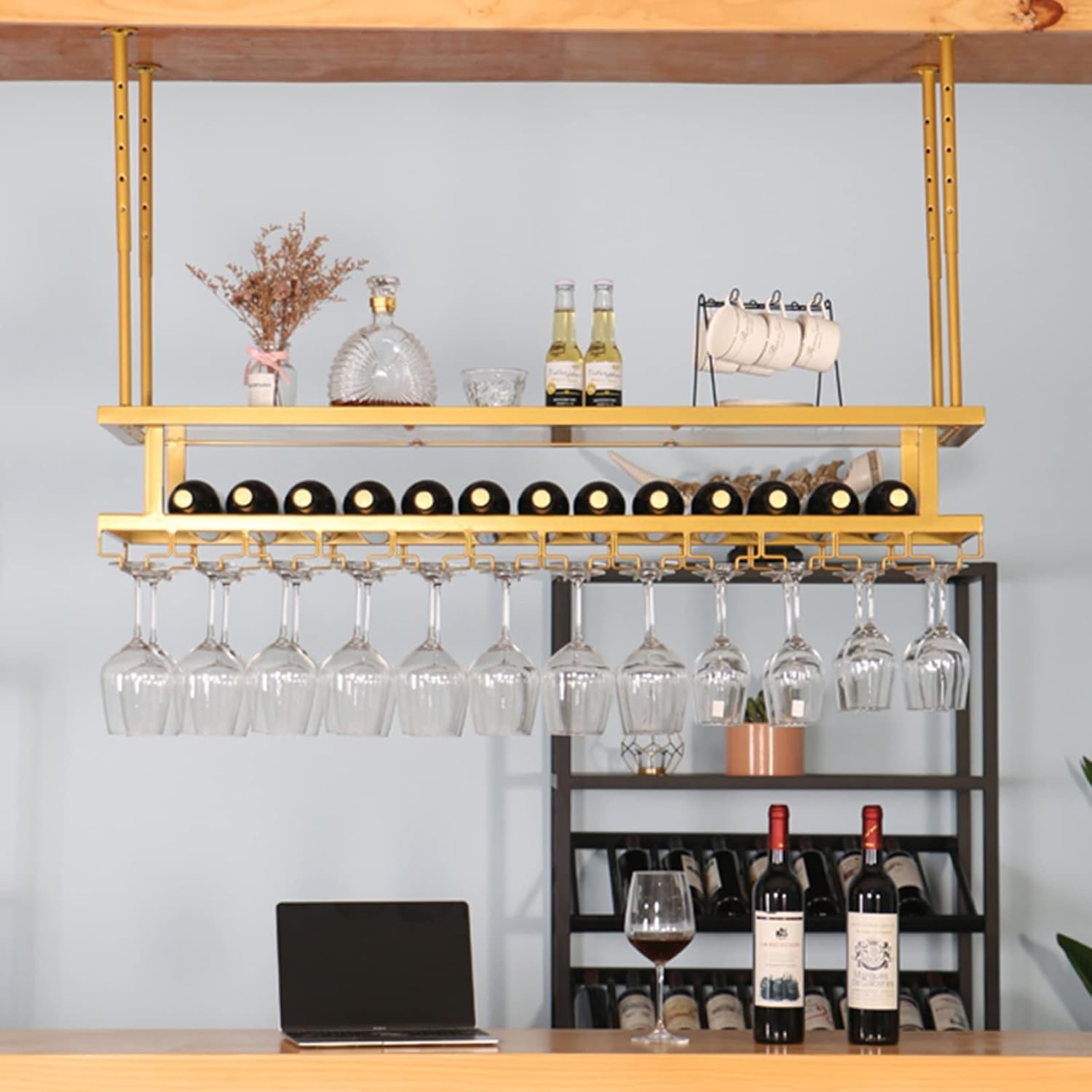 Adjustable Ceiling Wine Rack with Lights and Glass Holder
