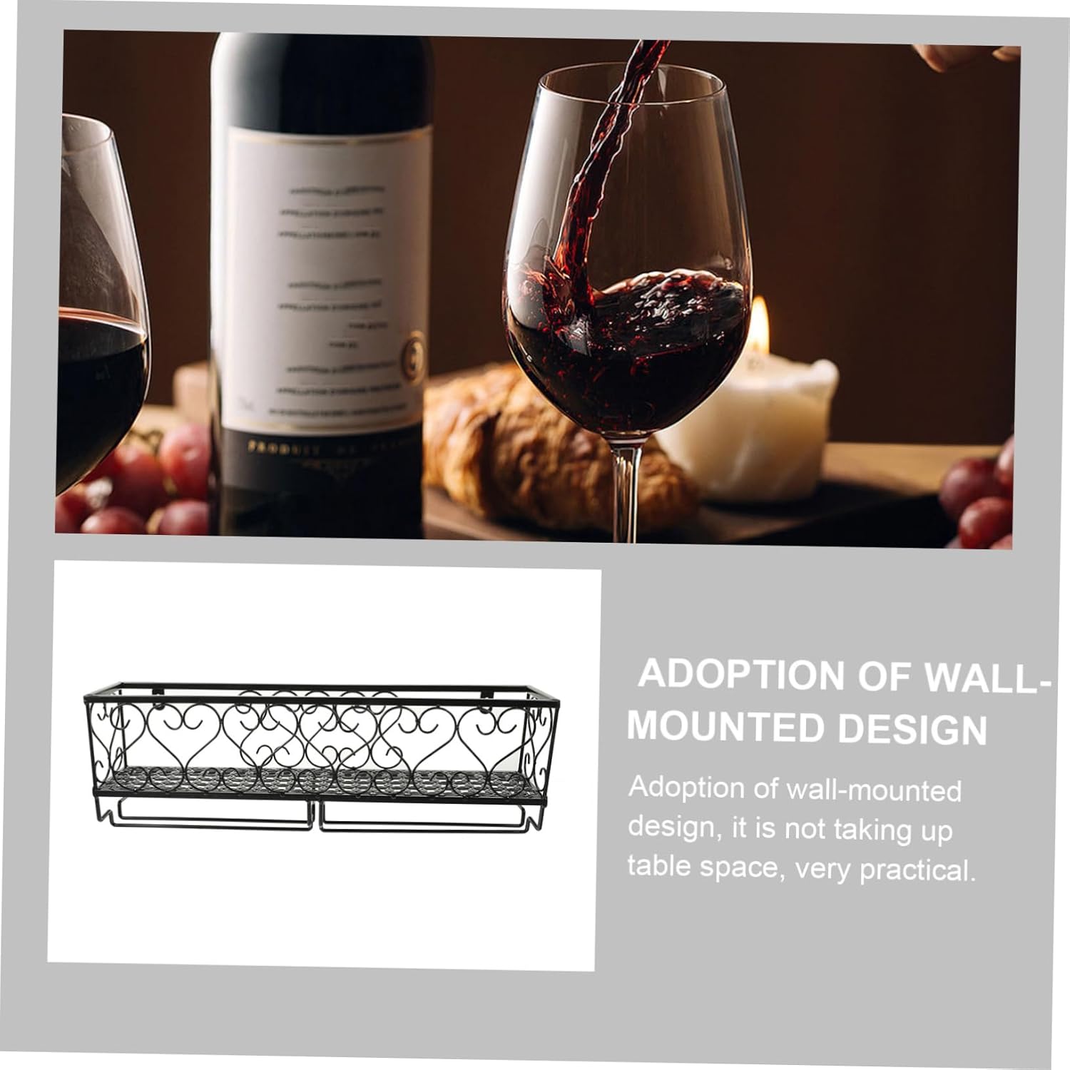 Ciieeo Wall Mounted Wine Rack with Goblet Holder 50cm Black Iron Design