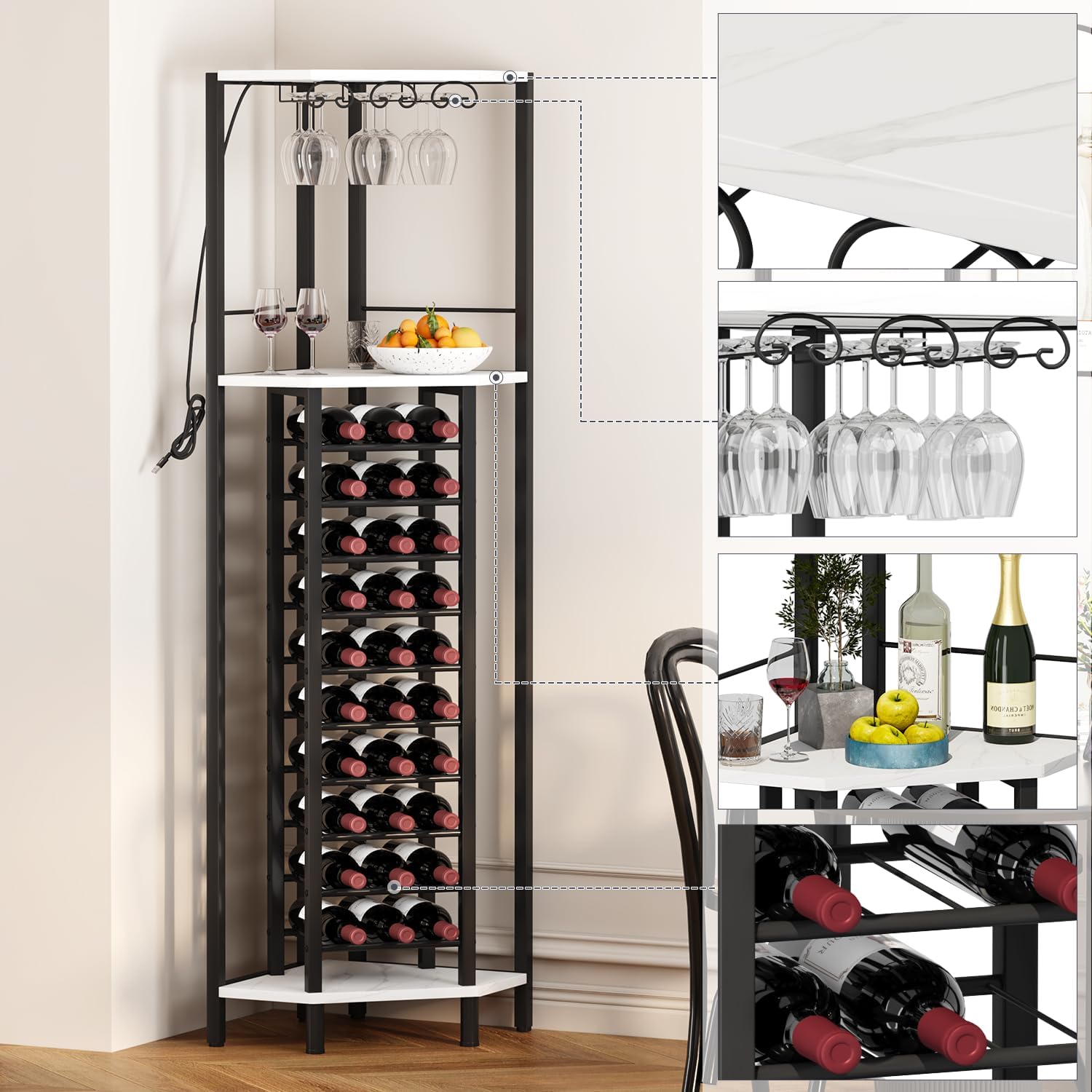 Homeiju Corner Wine Rack with Glass Holder and LED Light