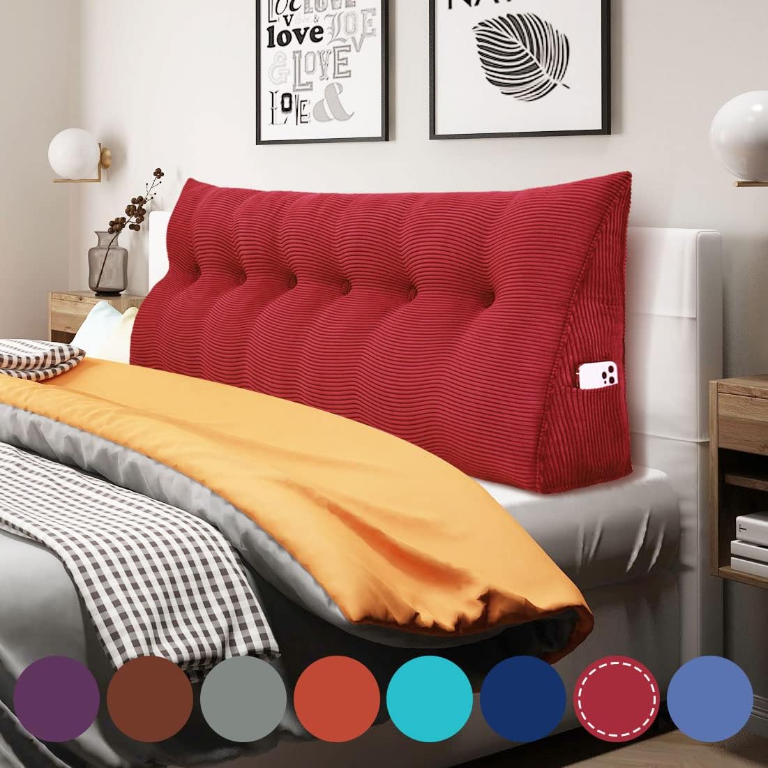 WOWMAX Triangle Headboard Pillow with Removable Cover Red 70x8x20inch