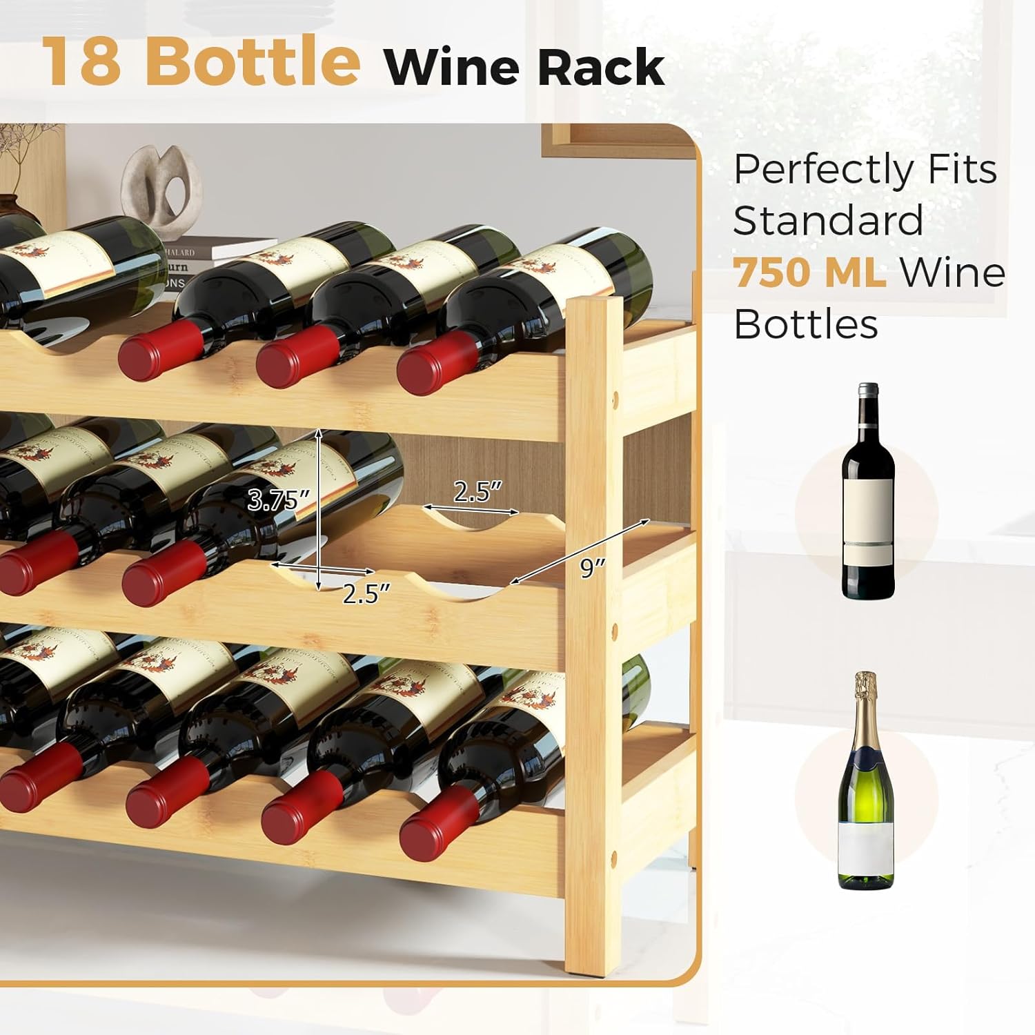 COSTWAY 3-Tier Bamboo Wine Rack 18-Bottle Organizer
