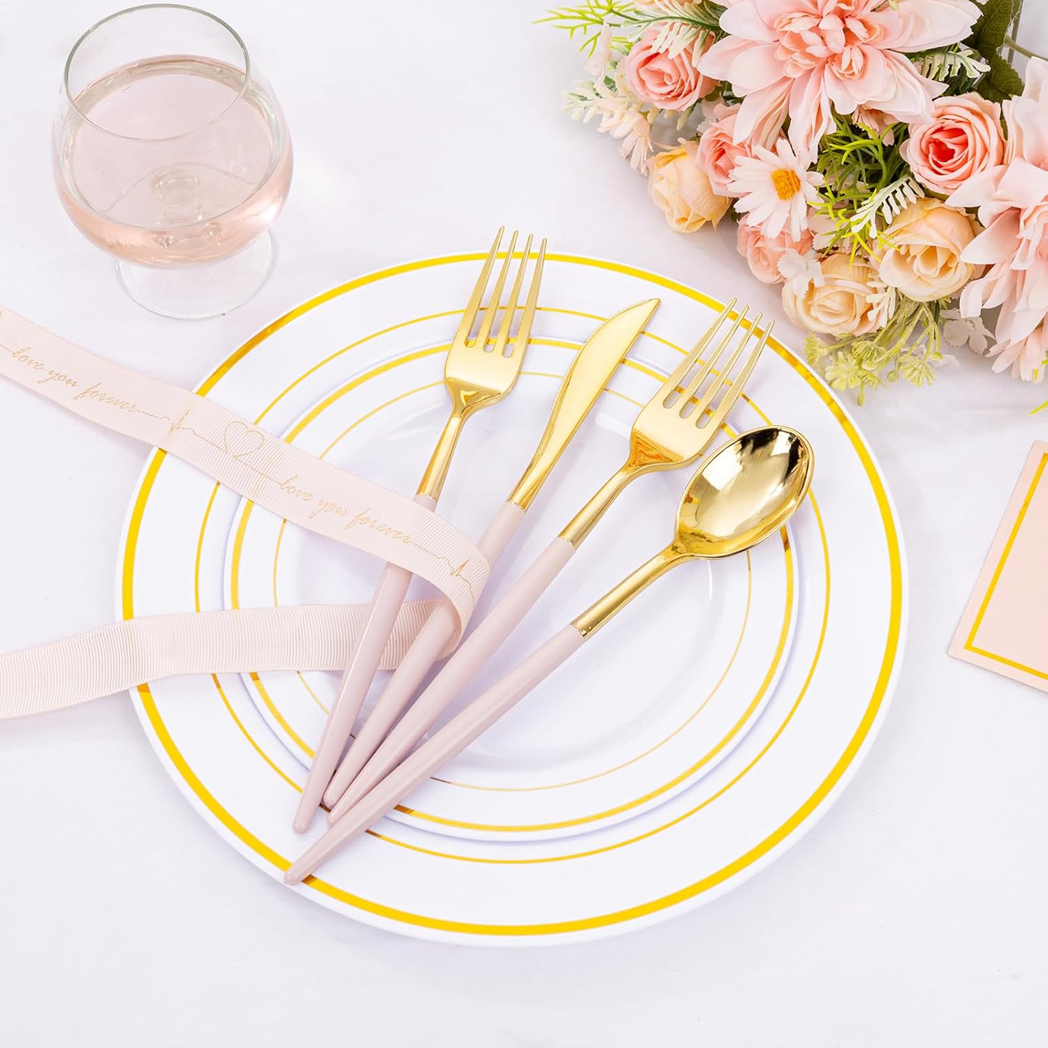 SUT 160Pcs Pink and Gold Plastic Silverware Set 1