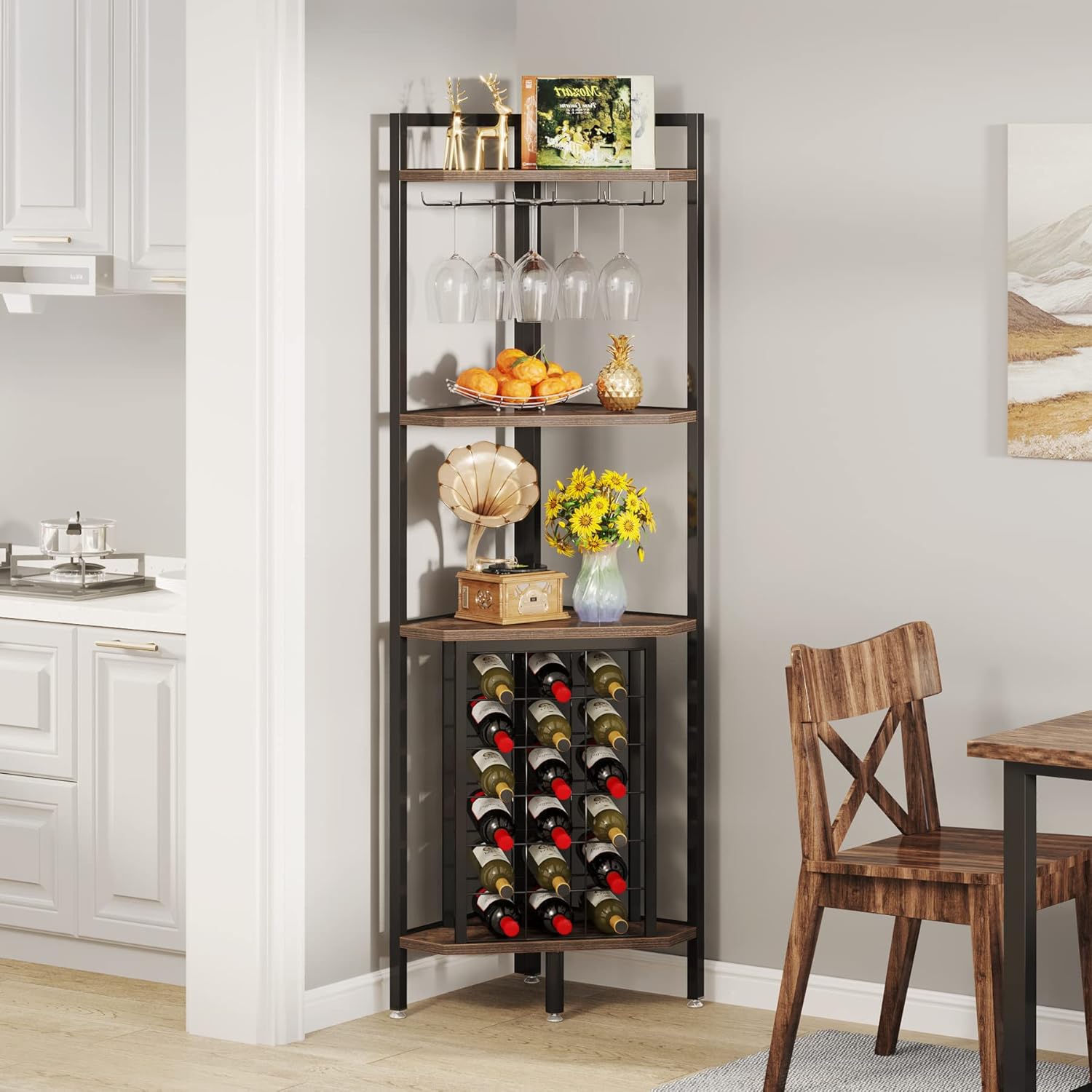 LITTLE TREE Corner Wine Rack with Glass Holder Brown