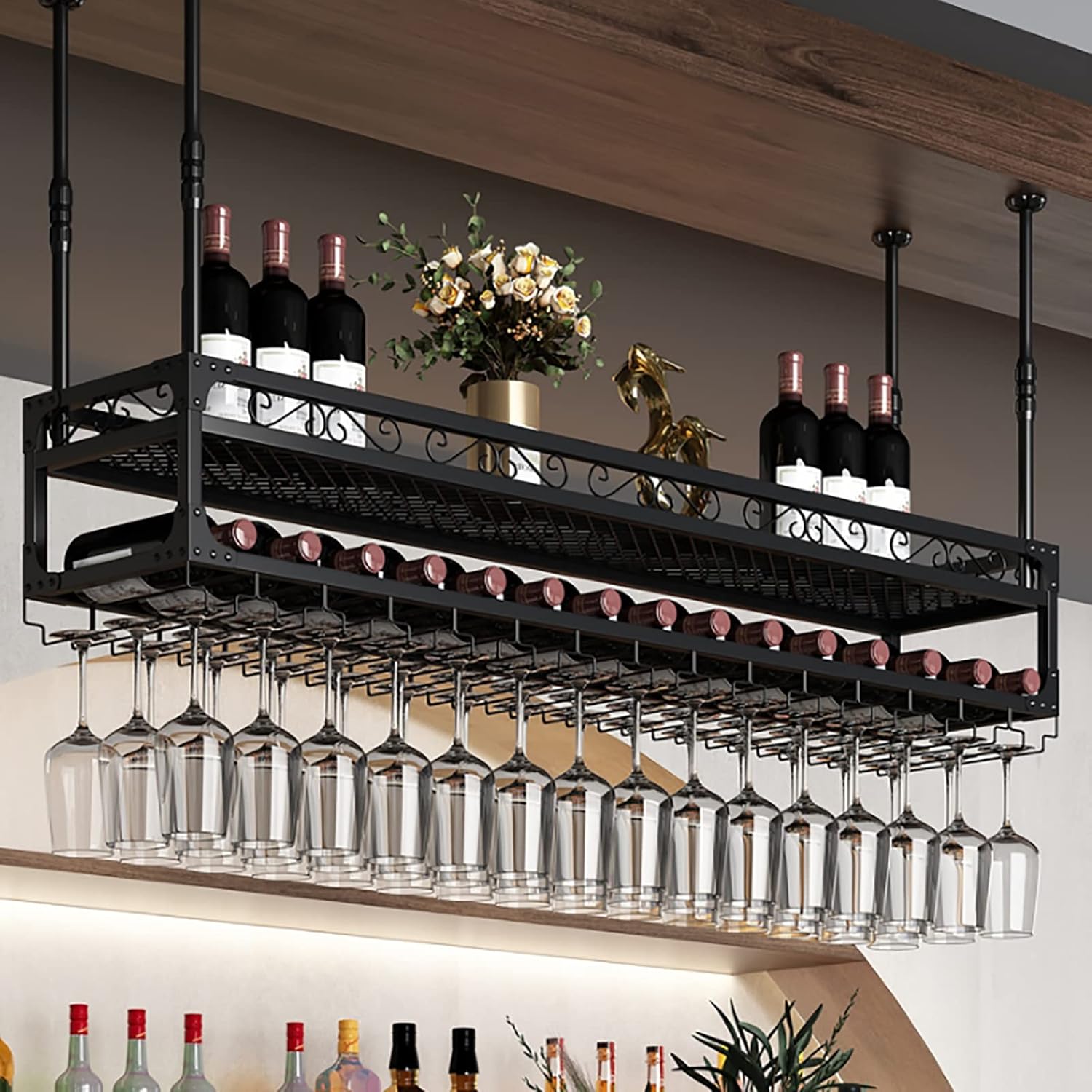 Adjustable Iron Wall-Mounted Wine Rack with Glass Holder
