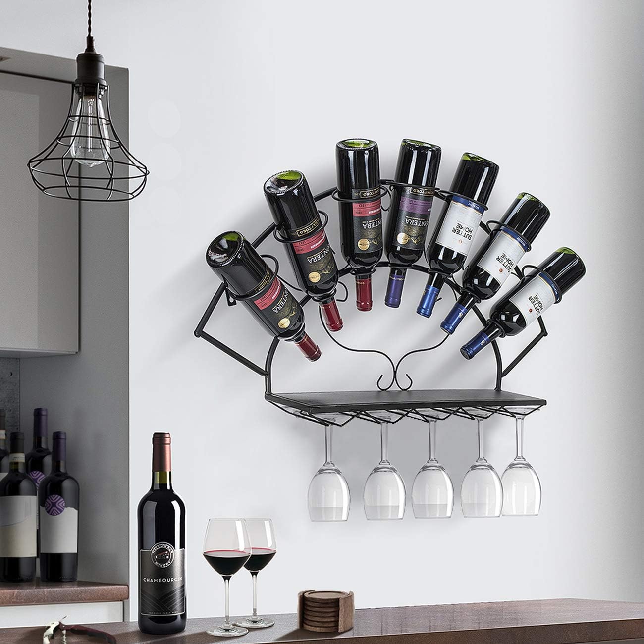 Sorbus Wall-Mounted Wine Rack with Glass Holder - Holds 7 Bottles and 5 Glasses Black