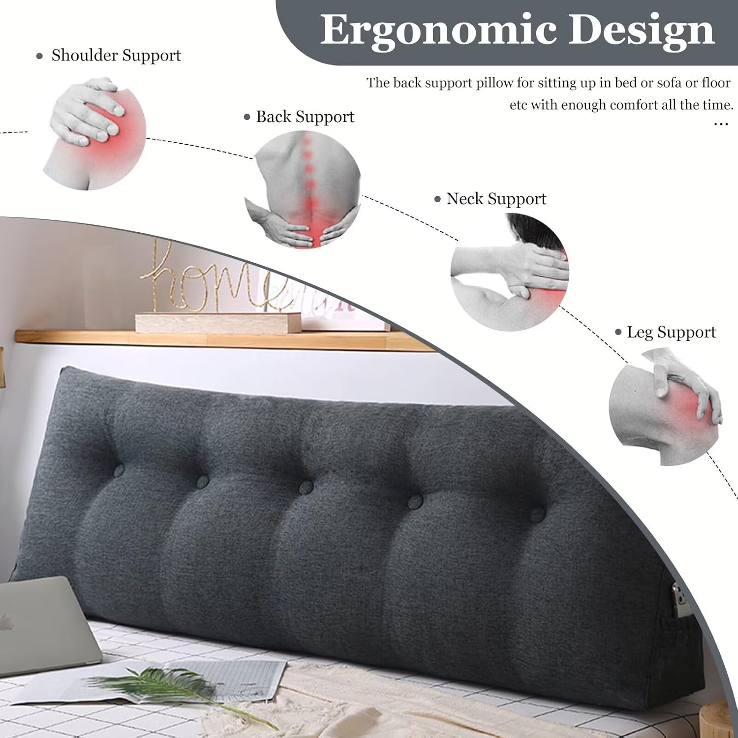 VClife Wedge Headboard Pillow Dark Grey