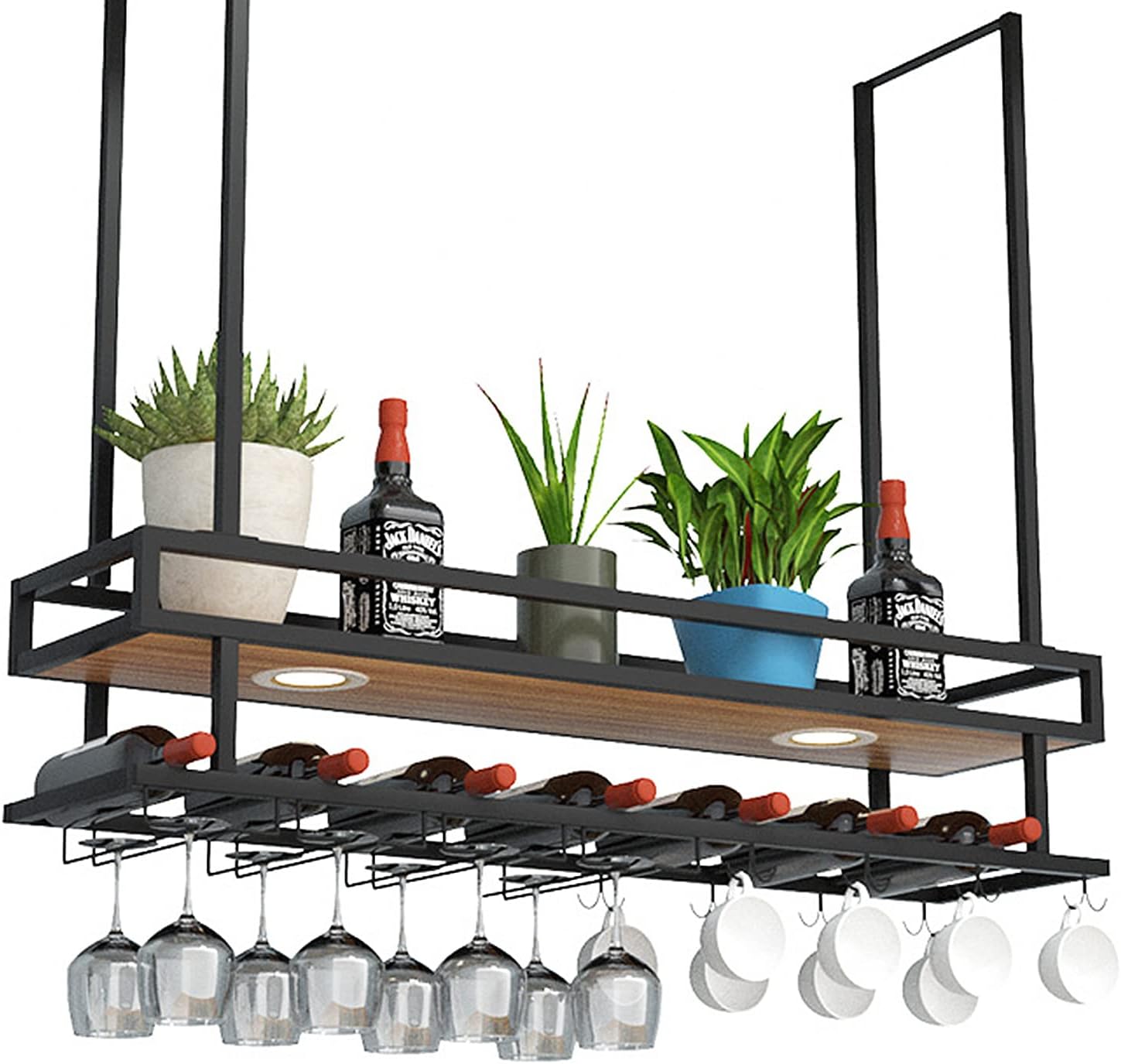 Ceiling Wine Glass Rack with LED Lights and Hooks
