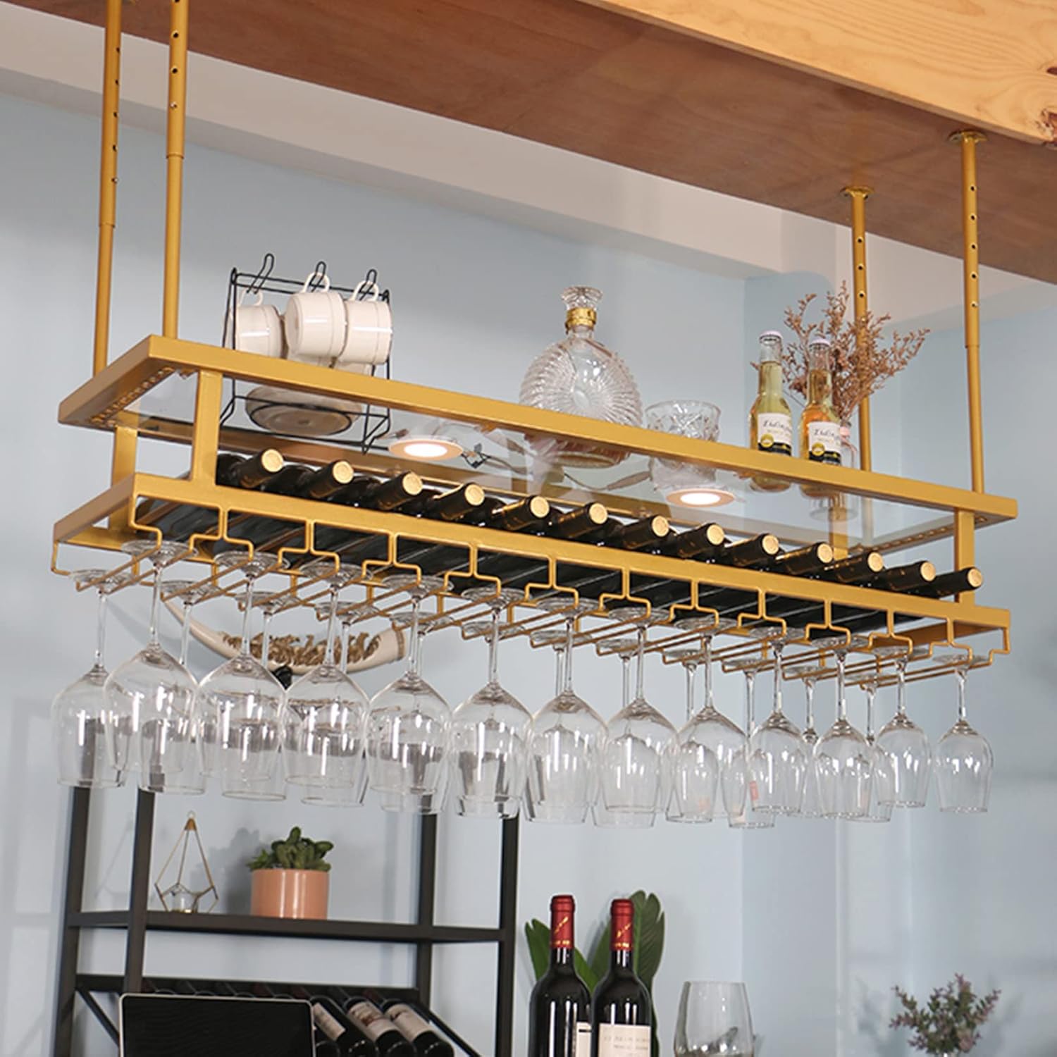 Adjustable Ceiling Wine Rack with Lights and Glass Holder