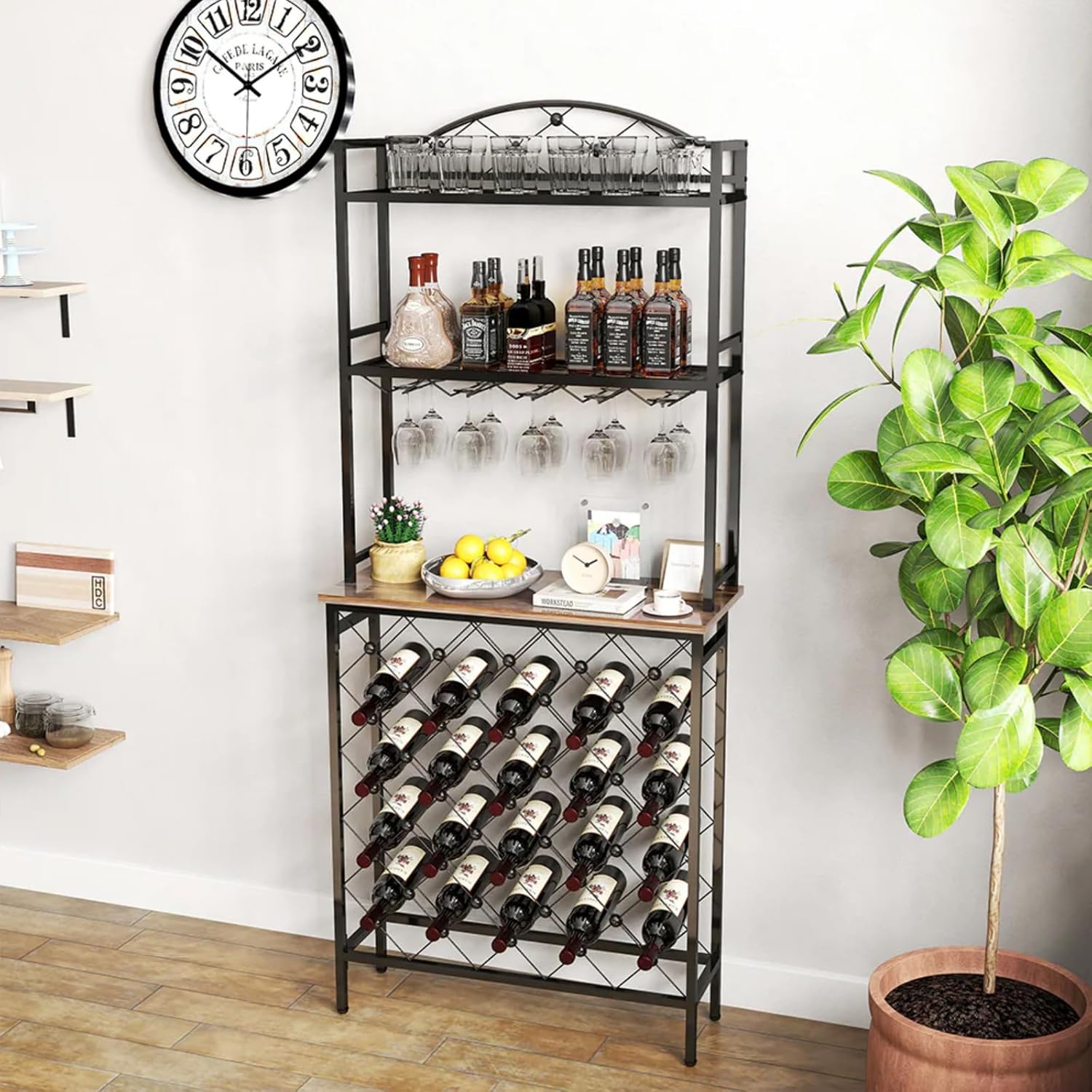 20-Bottle Floor Wine Rack with Glass Holder and Shelves