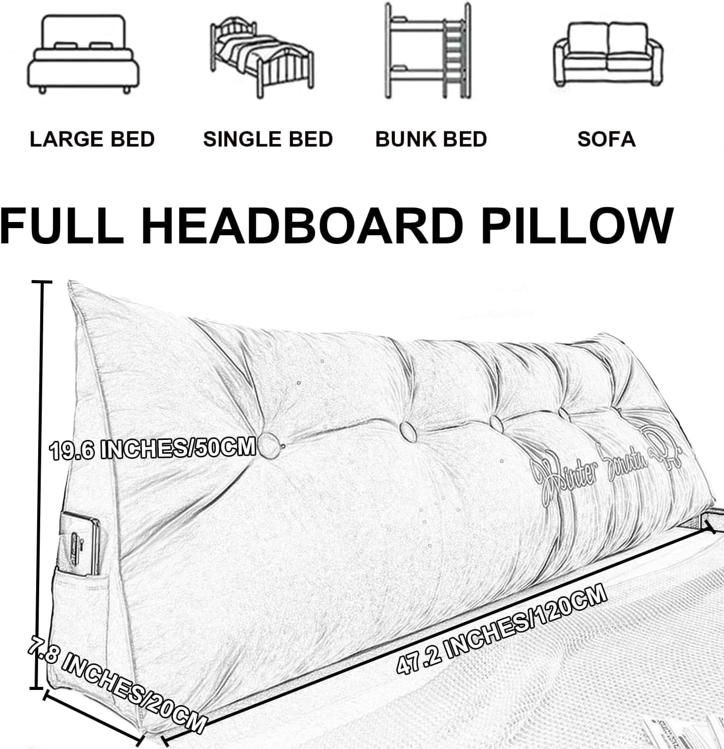 Wedge Headboard Pillow Large Triangular Cushion with Washable Cover and Removable Buttons - Orange
