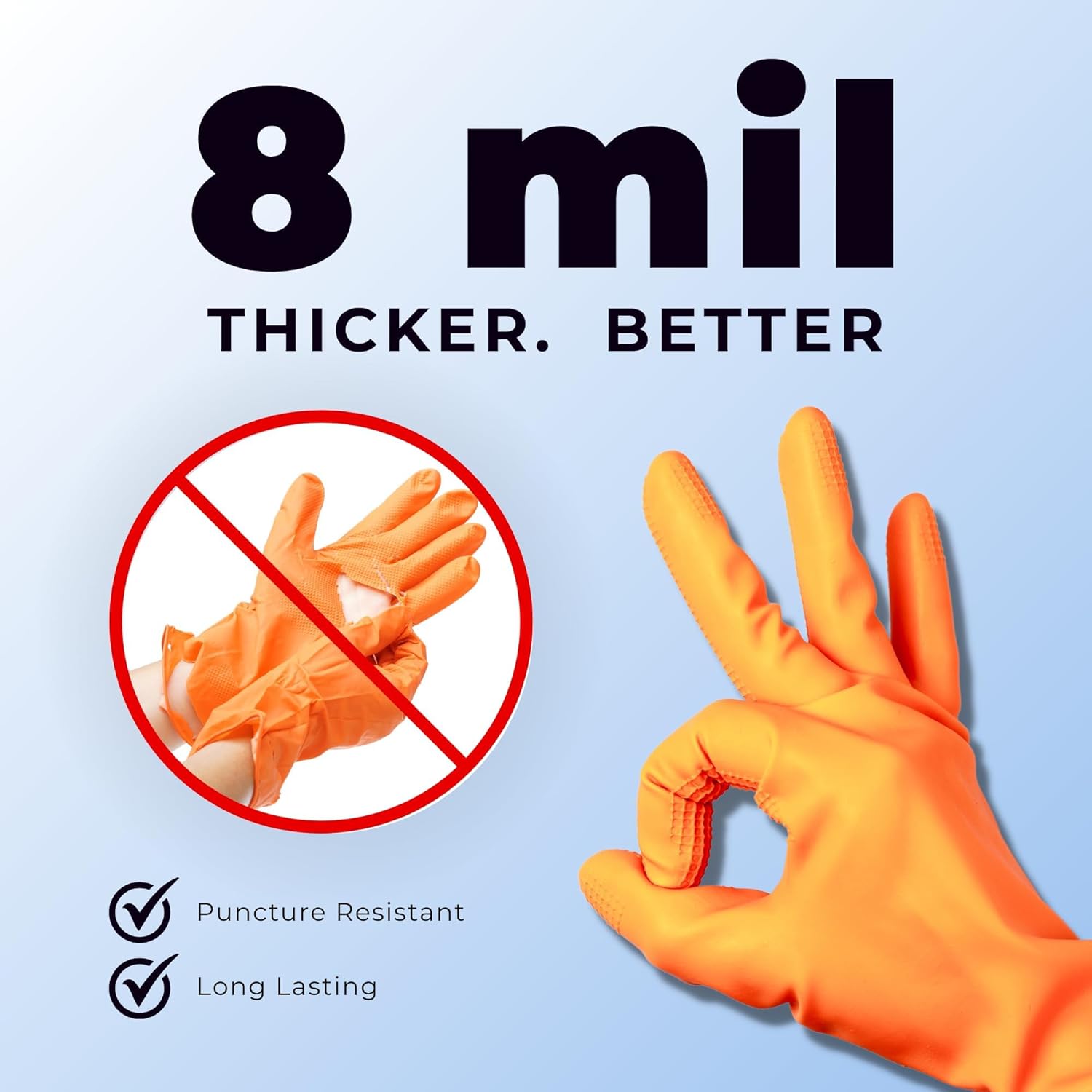 Orange 8 Mil Nitrile Gloves - Heavy Duty Latex Free Diamond Textured