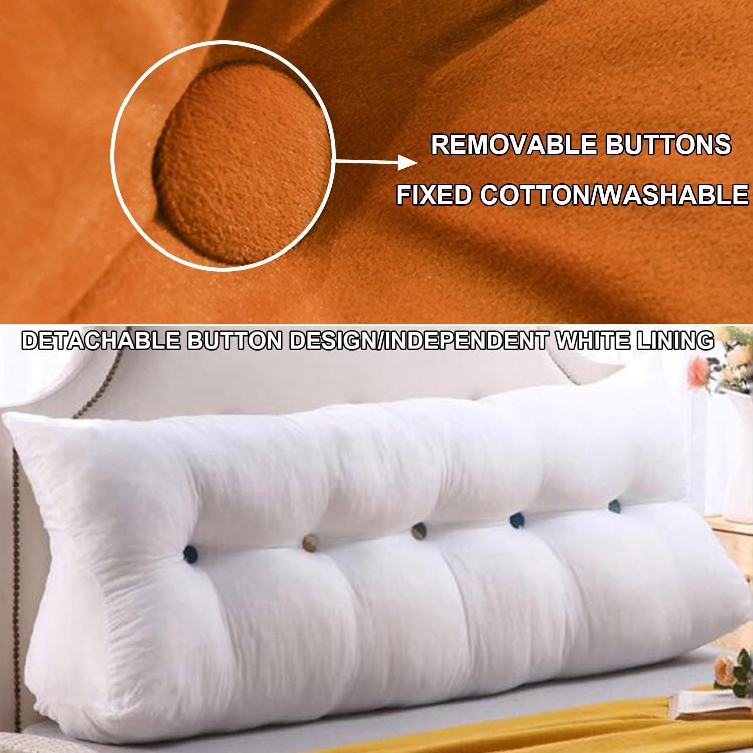Wedge Headboard Pillow Large Triangular Cushion with Washable Cover and Removable Buttons - Orange