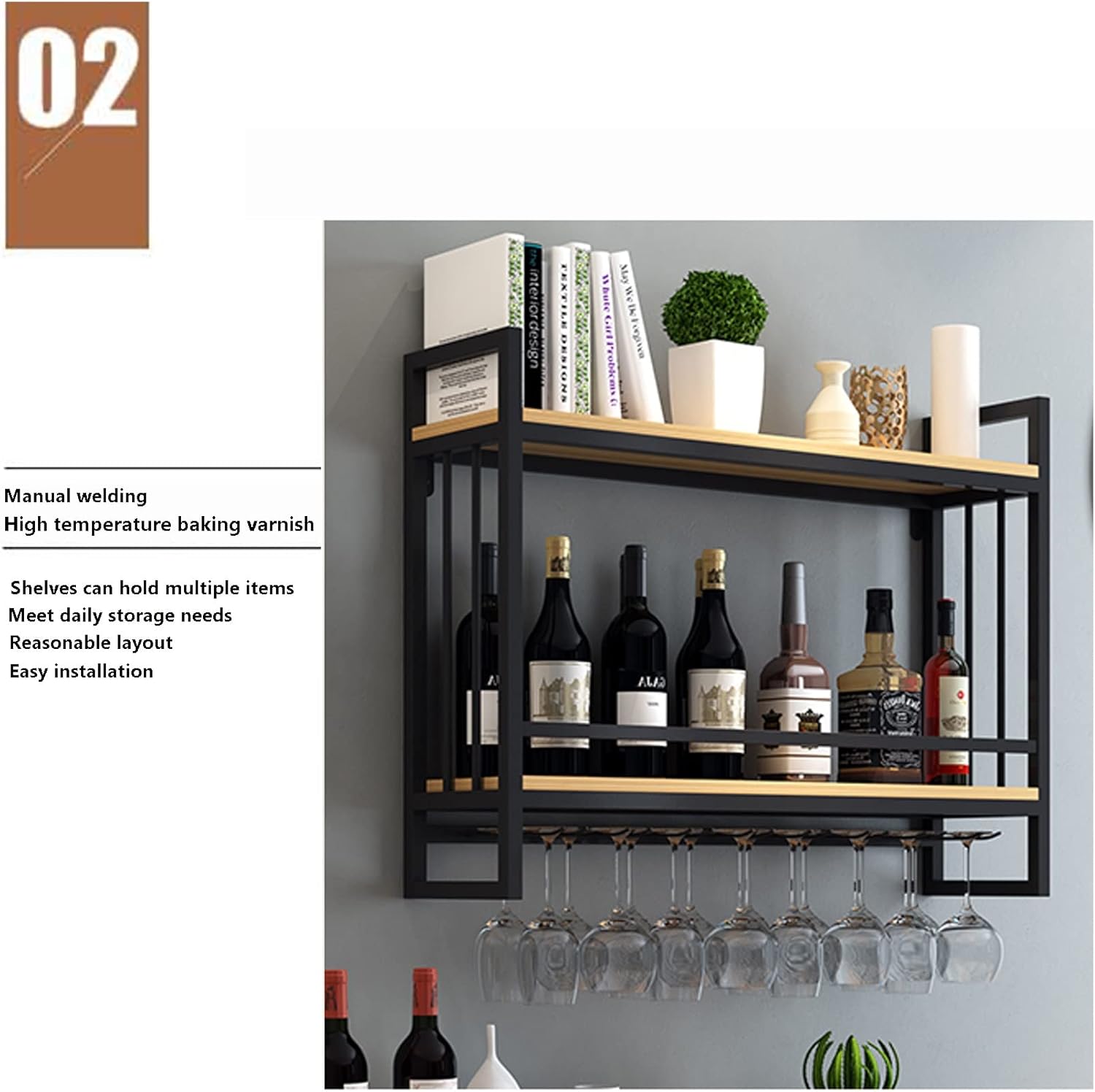 Wine Rack Wall Mount with Glass Holder Rustic Design