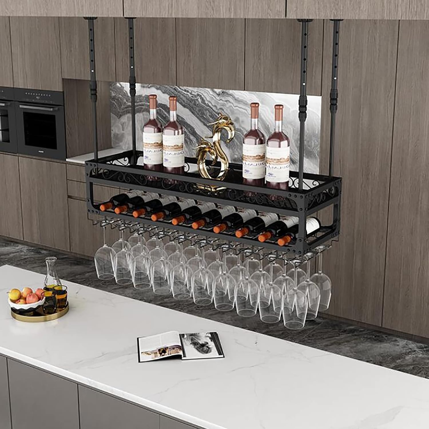 Adjustable Iron Wall-Mounted Wine Rack with Glass Holder