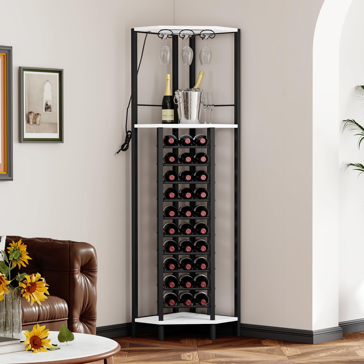 Homeiju Corner Wine Rack with Glass Holder and LED Light