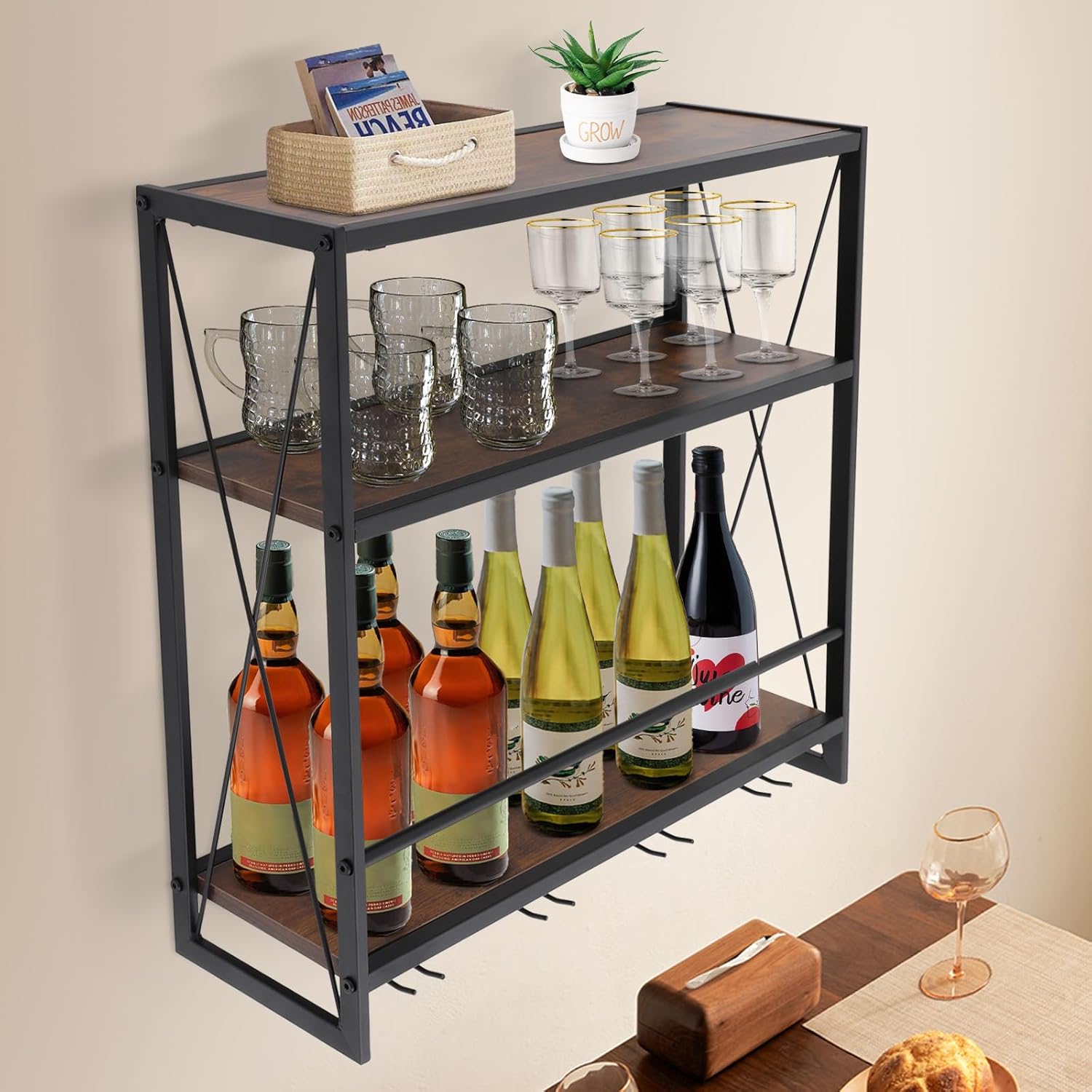 Gdrasuya10 Wall Mounted Wine Rack with 3-Tier Glass Holder
