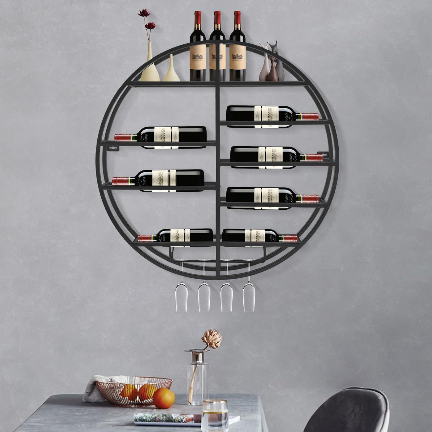 Wall Mounted Round Wine Rack with Glass Holder Black Iron