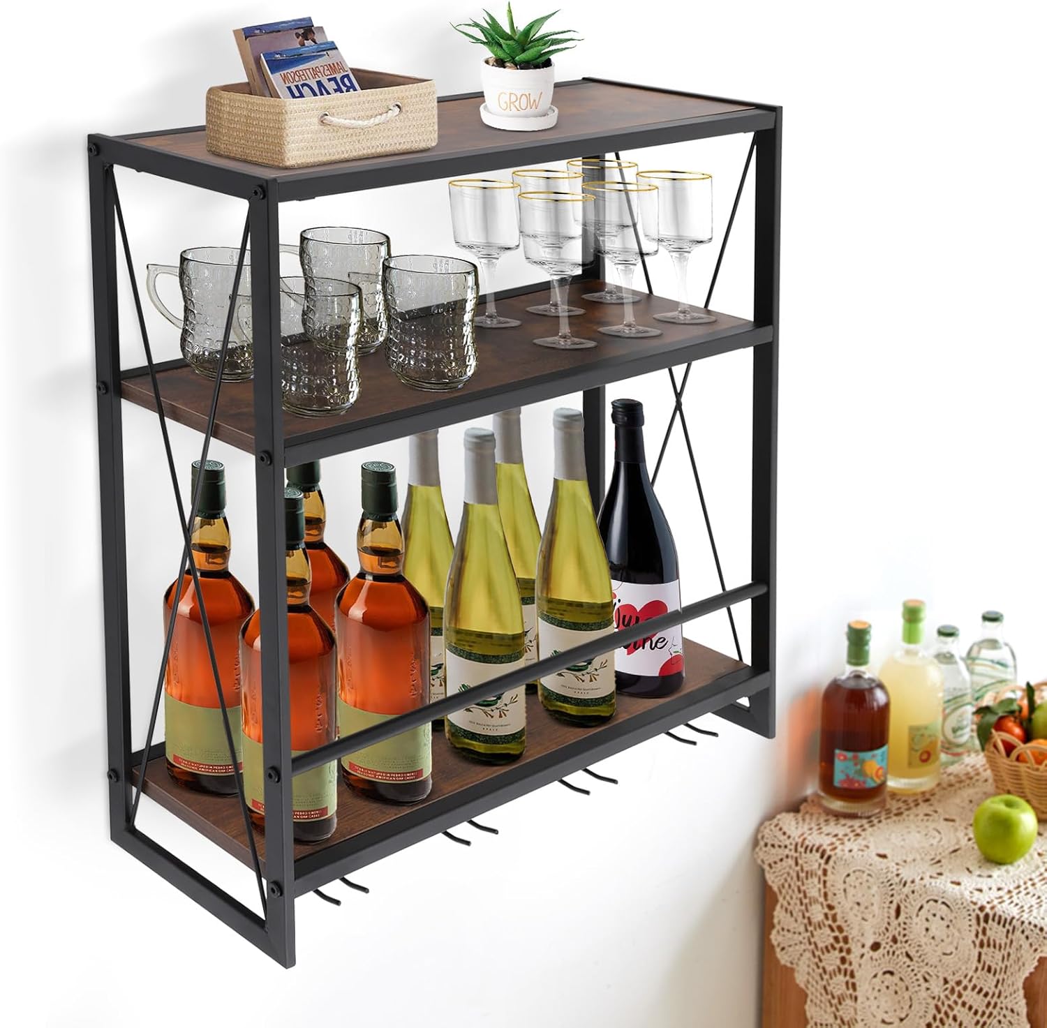 Gdrasuya10 Wall Mounted Wine Rack with 3-Tier Glass Holder