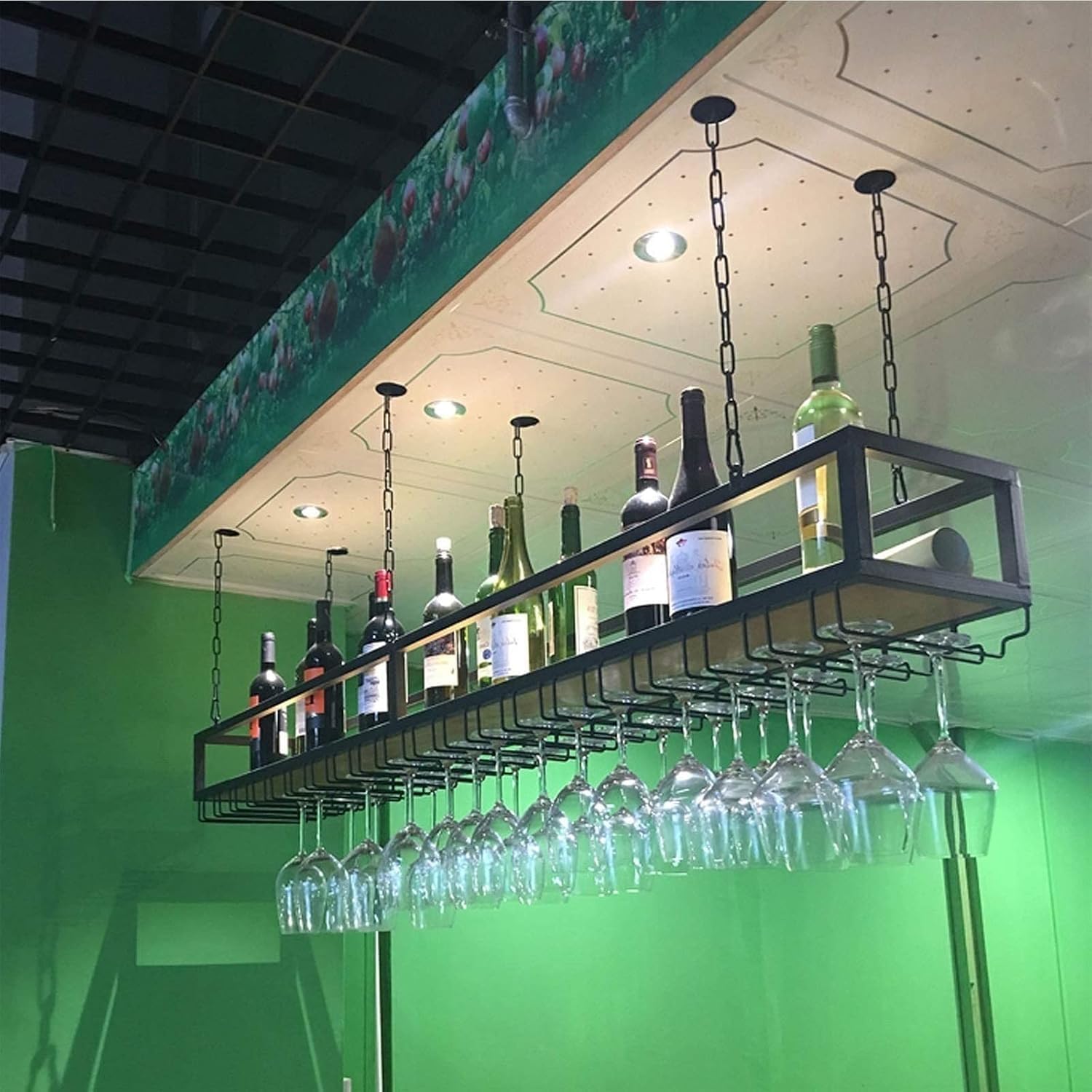 Industrial Metal Wine Rack with Stemware Shelf for Bar and Kitchen