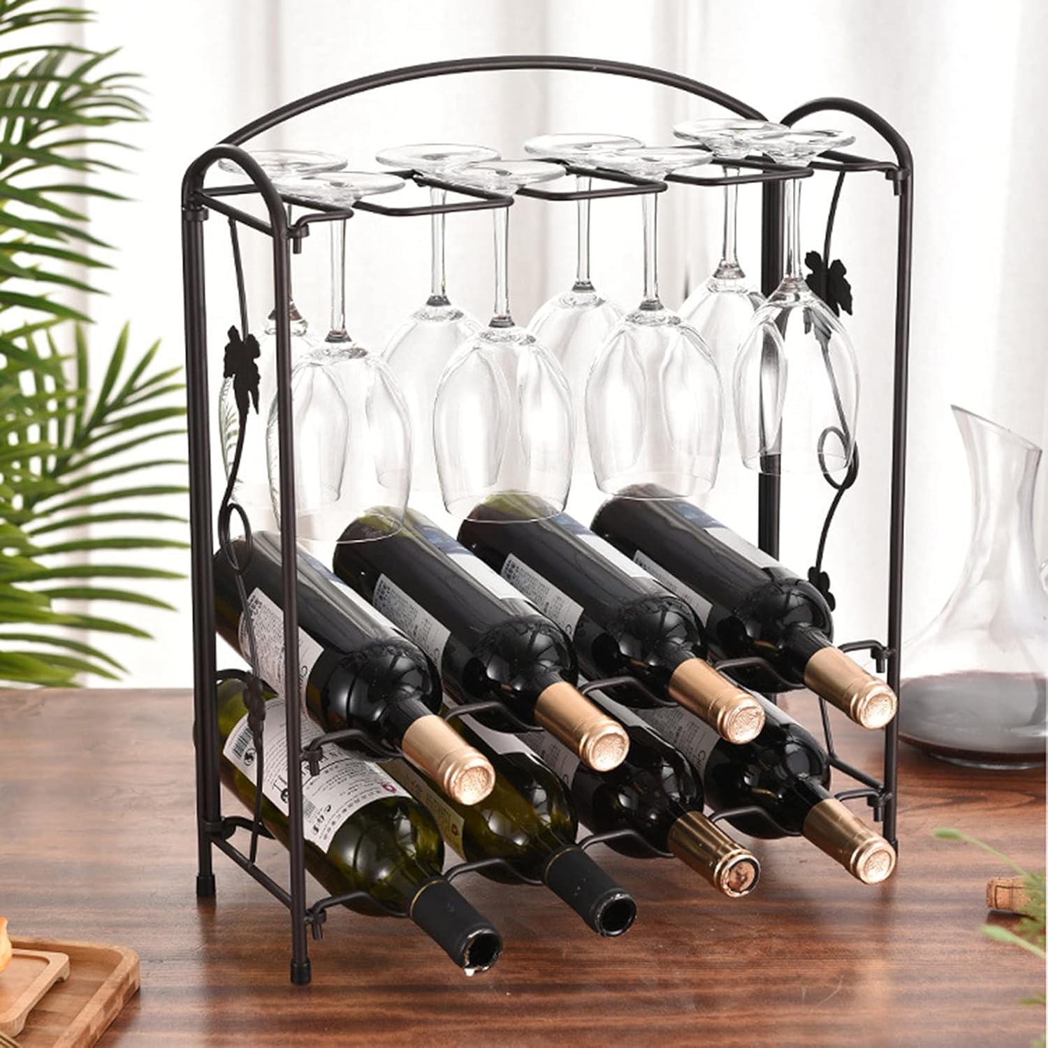 PAREKS Wine Rack with 8 Glass Holder Iron European Style
