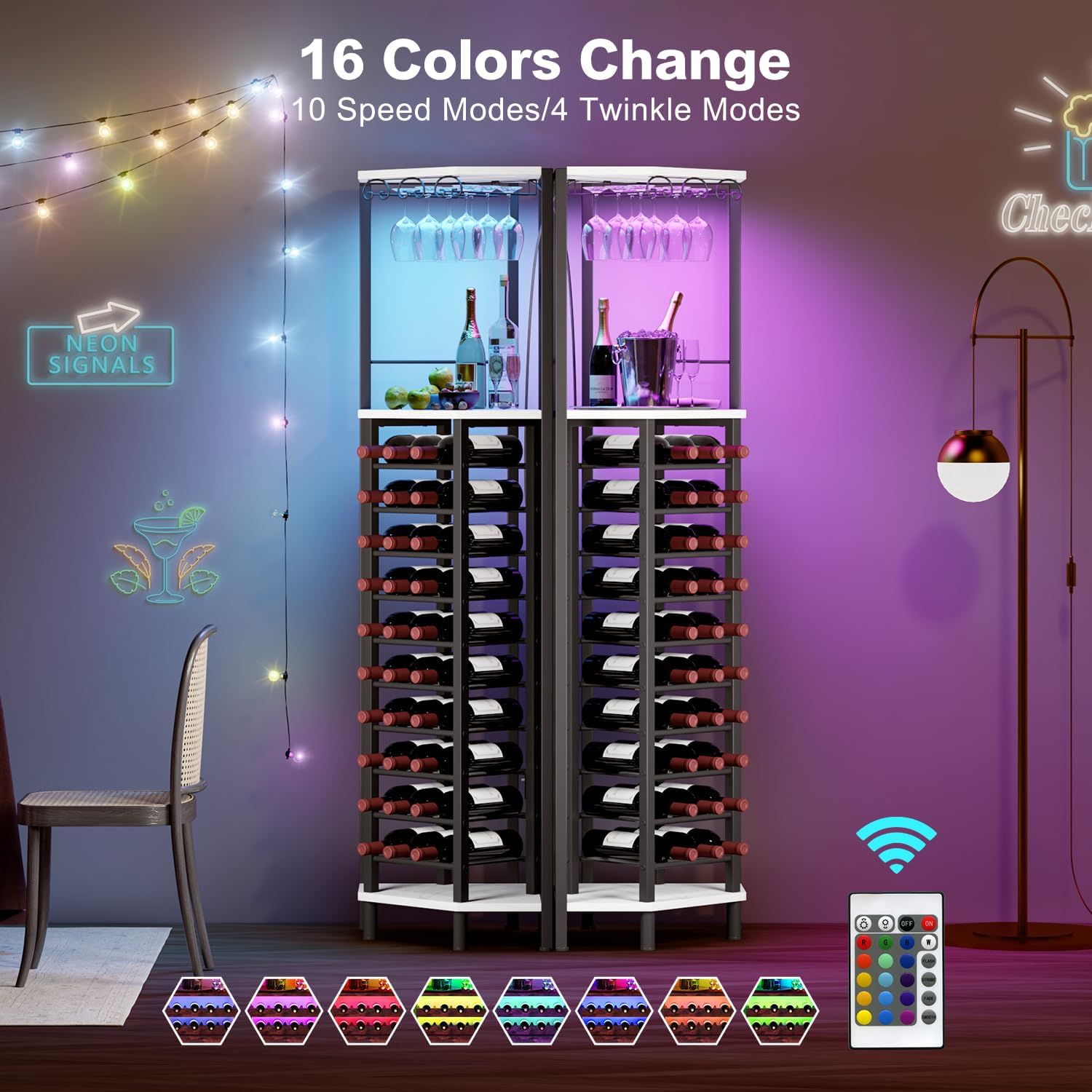 Homeiju Corner Wine Rack with Glass Holder and LED Light
