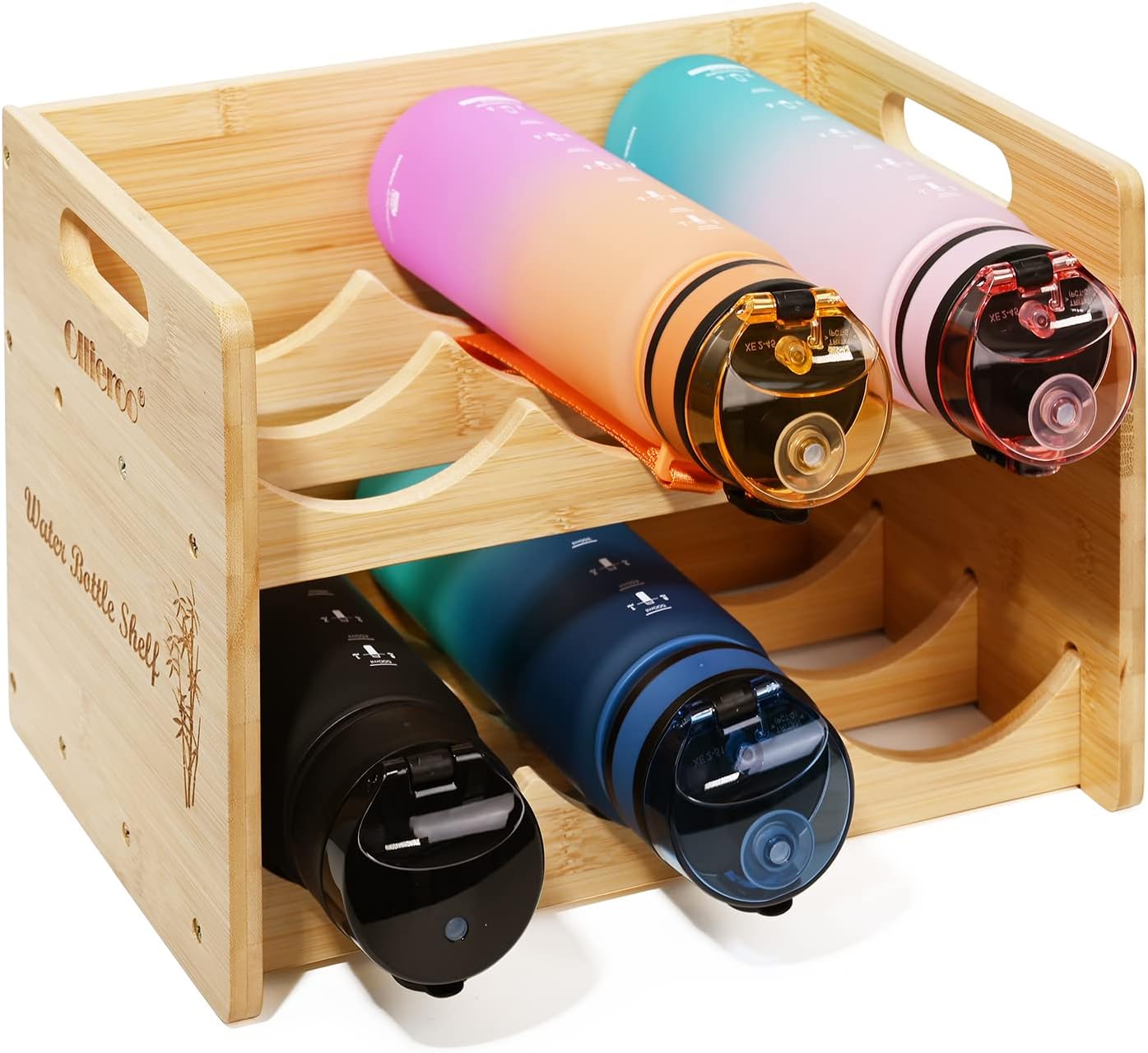 Ollieroo Bamboo Water Bottle Organizer Shelf with 2 Tiers Holds 6 Bottles Natural